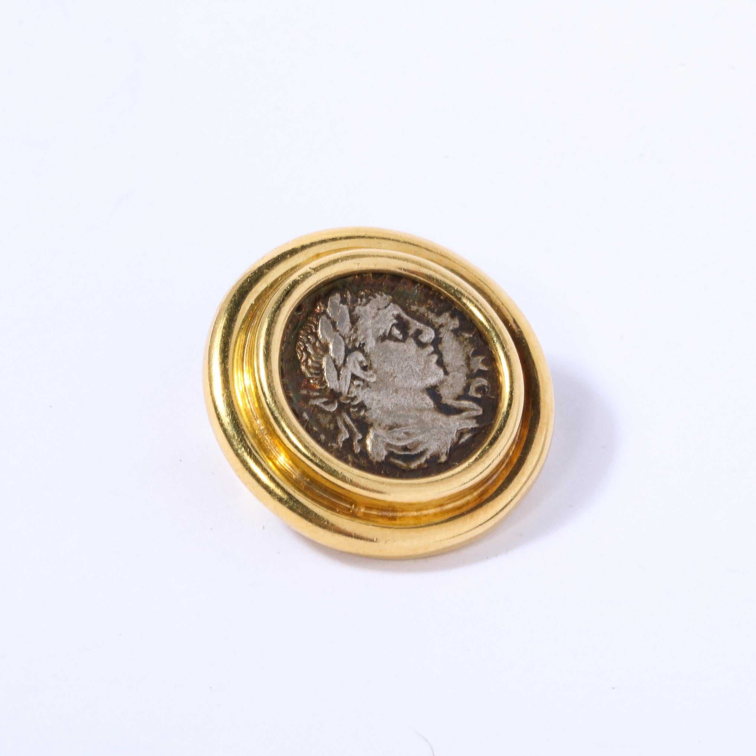 Italian Modernist Slide Pendant with Ancient Roman Figurative Coin in 18kt gold For Sale 3