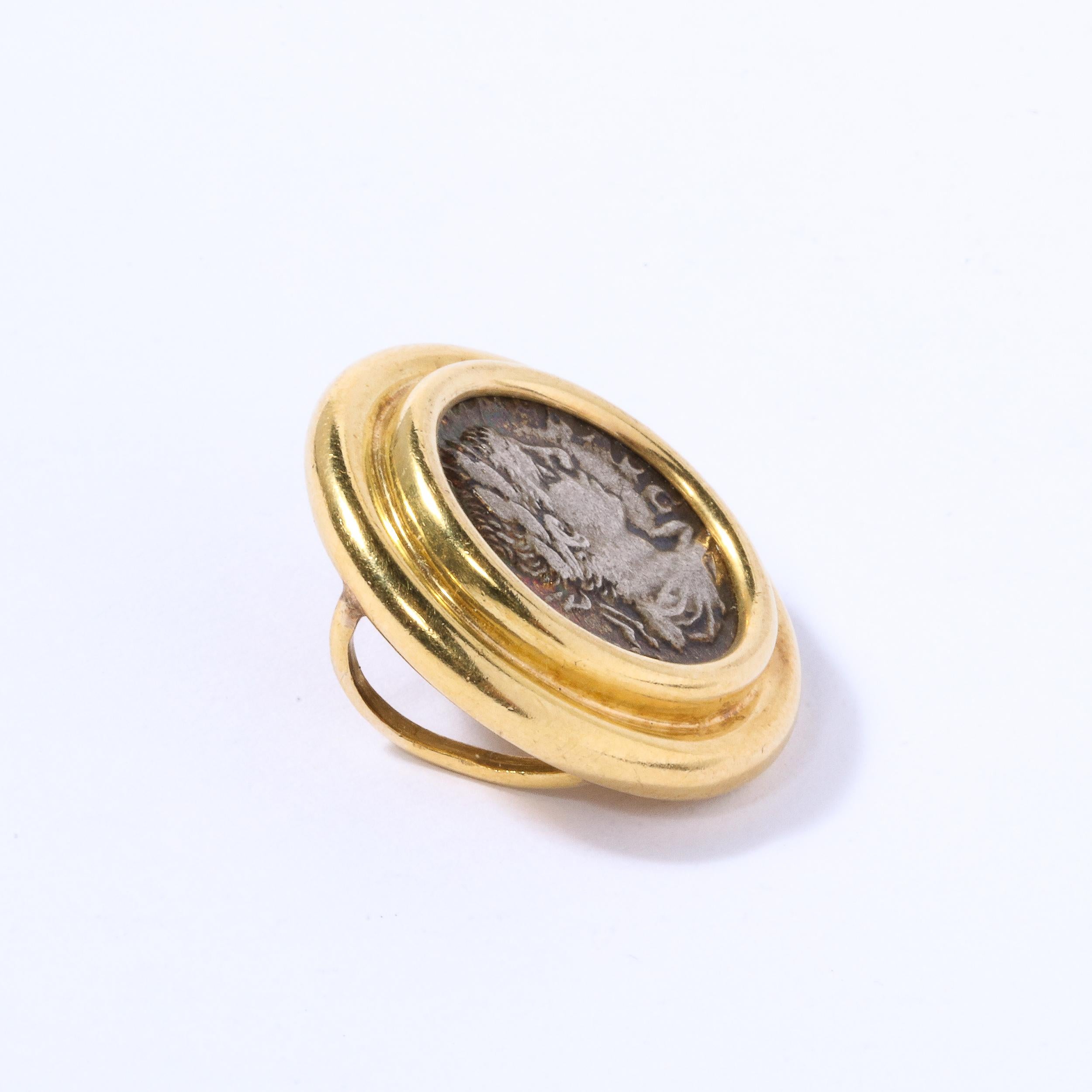 Italian Modernist Slide Pendant with Ancient Roman Figurative Coin in 18kt gold For Sale 4