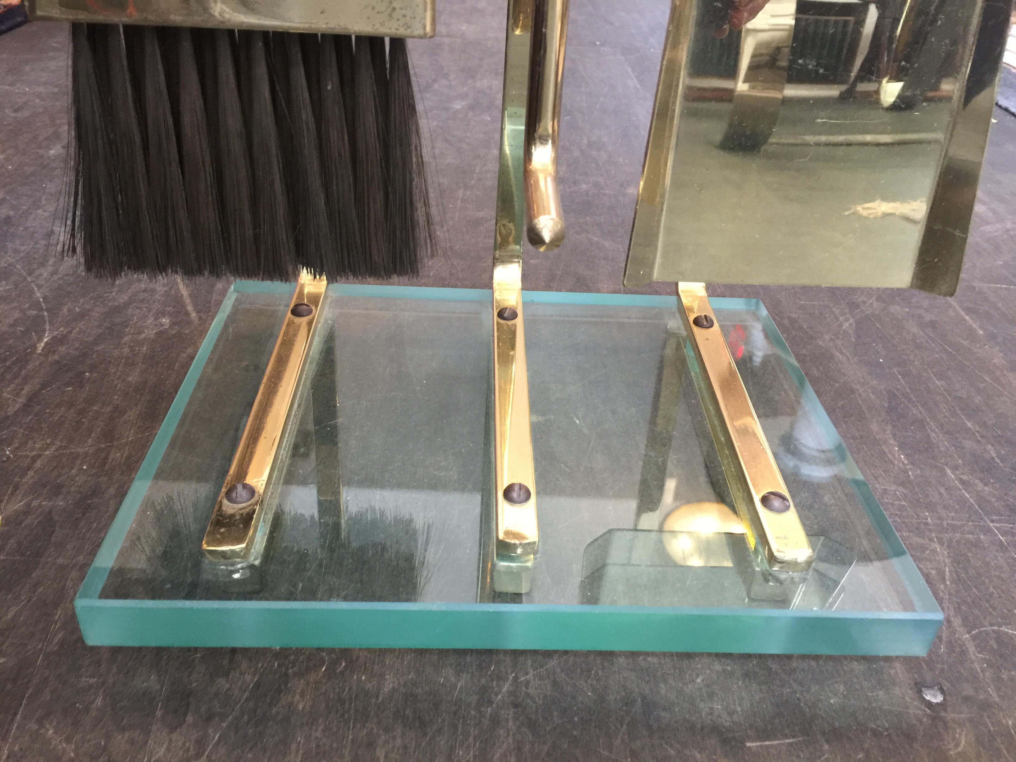 Italian Modernist Solid Brass and Glass Fireplace Tool Set In Good Condition In East Hampton, NY