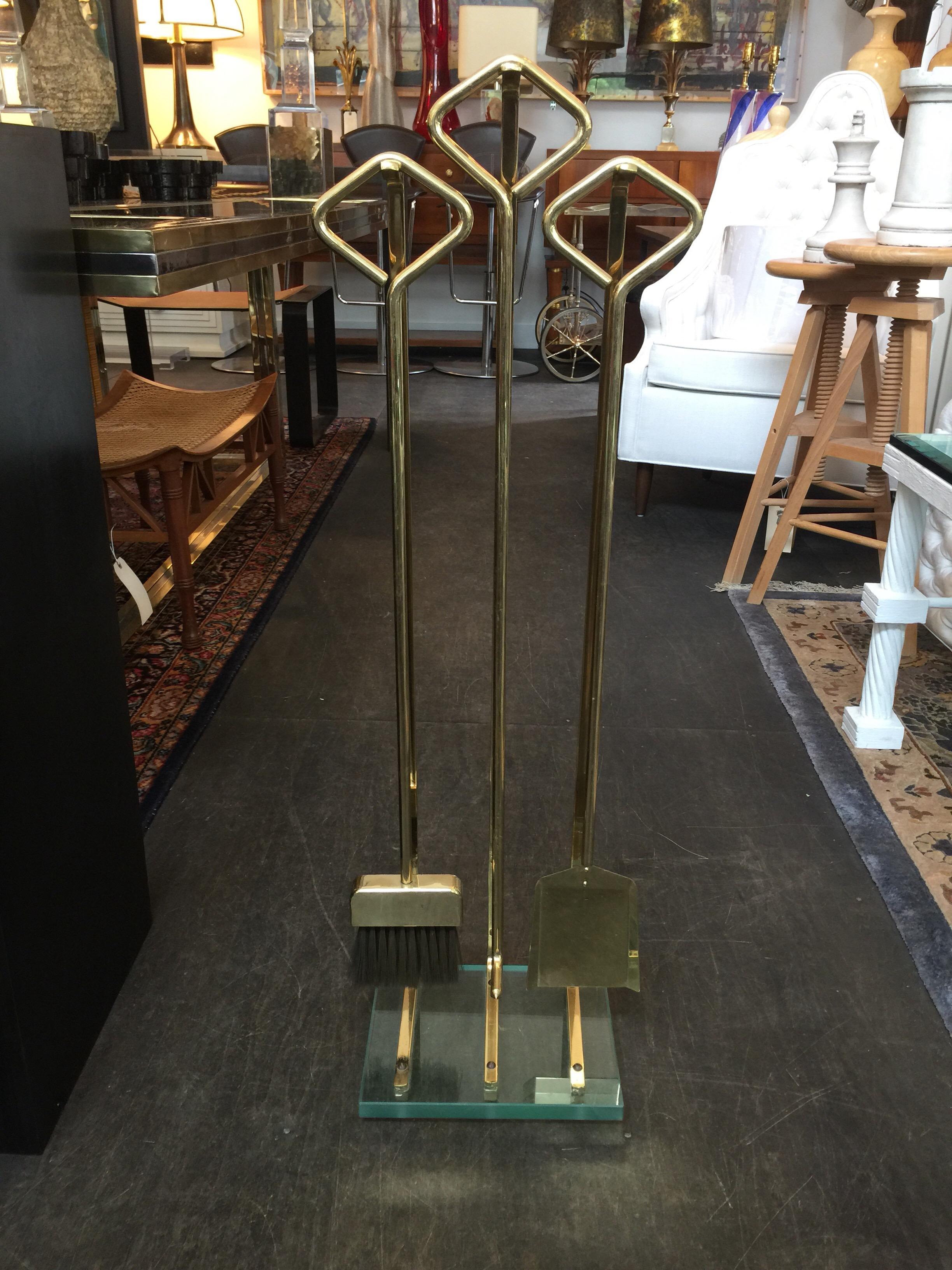 Late 20th Century Italian Modernist Solid Brass and Glass Fireplace Tool Set
