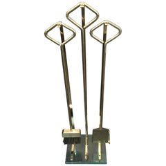 Italian Modernist Solid Brass and Glass Fireplace Tool Set