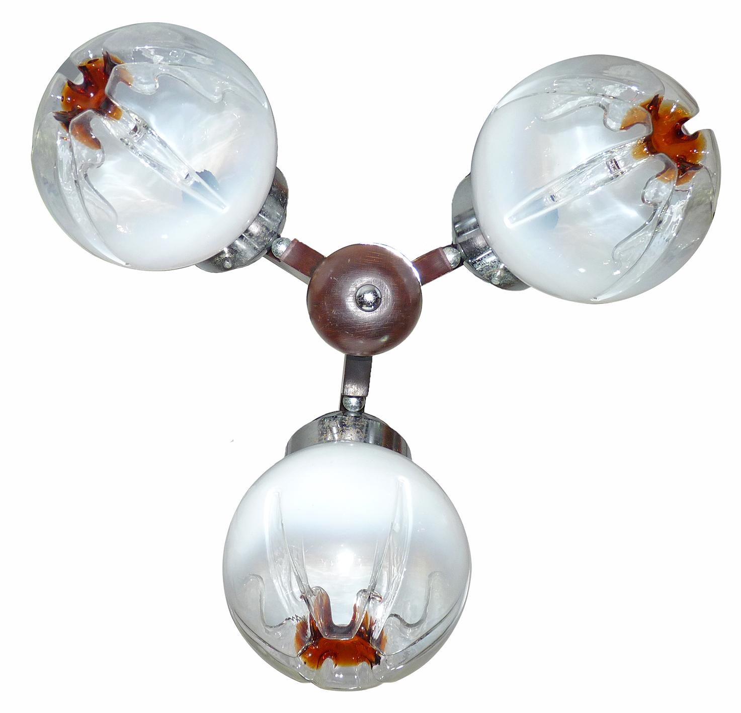 Mid-Century Modern Italian Modernist Sputnik Murano Mazzega Amber Artglass Chrome & Wood Chandelier For Sale