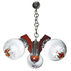 Italian Modernist Sputnik Murano Mazzega Amber Artglass Chrome & Wood Chandelier