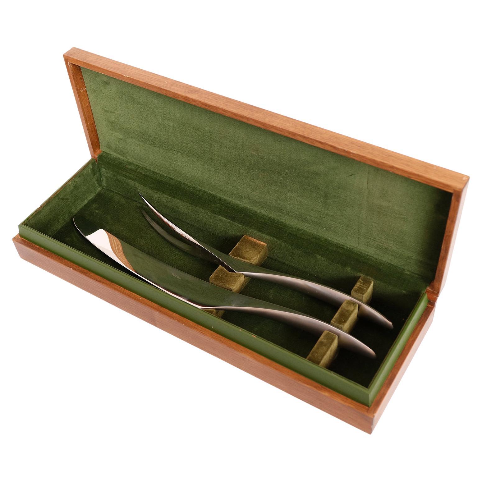 Italian Modernist Stainless Steel Carving Knife & Fork Set For Sale