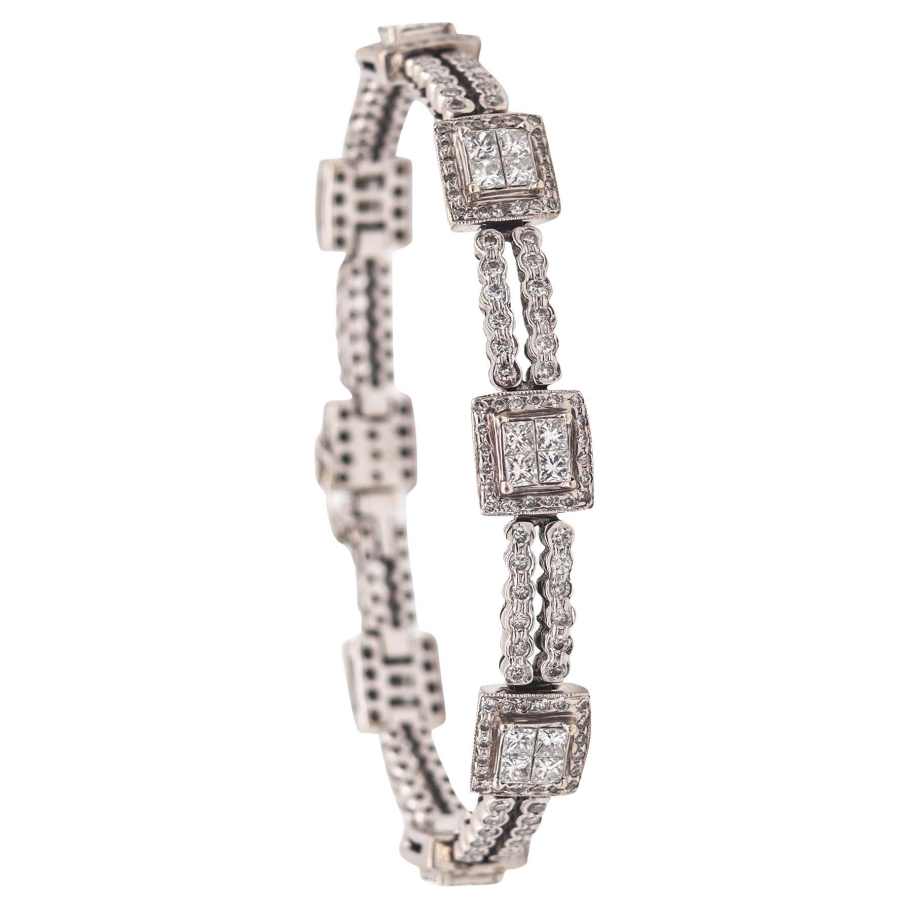 Italian Modernist Station Bracelet In 18Kt White Gold With 7.44 Ctw In Diamonds For Sale