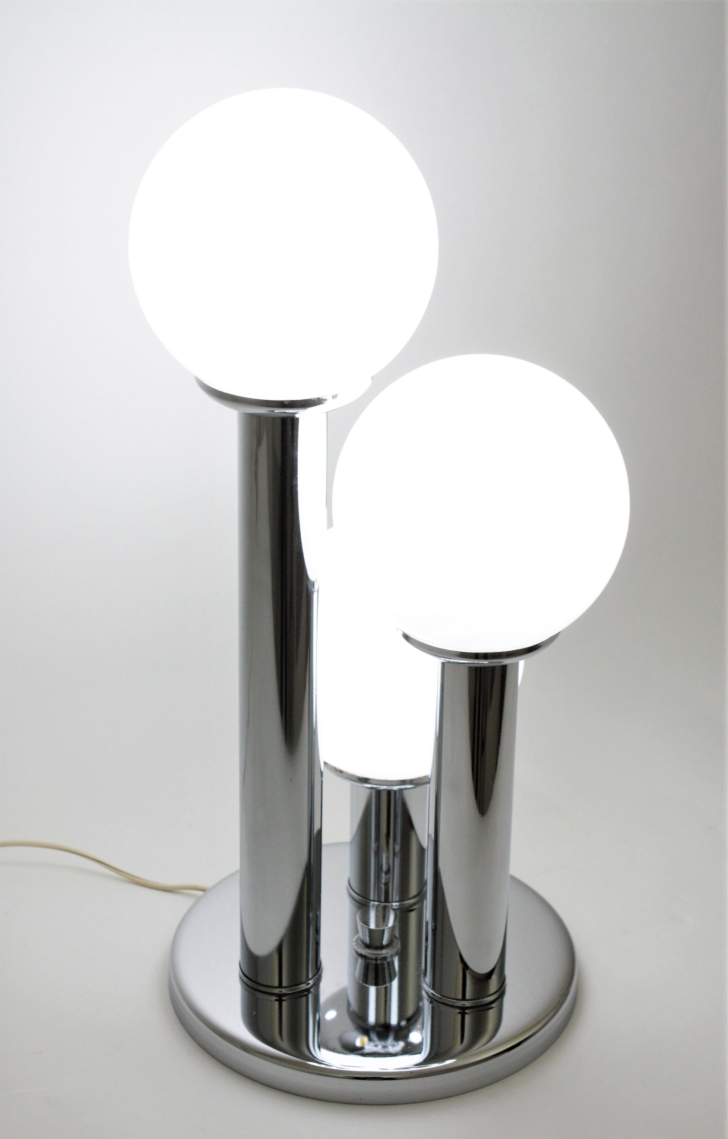 Steel Italian Modernist Stilnovo Style Chrome Table Lamp with Three Glass Globe Shades For Sale