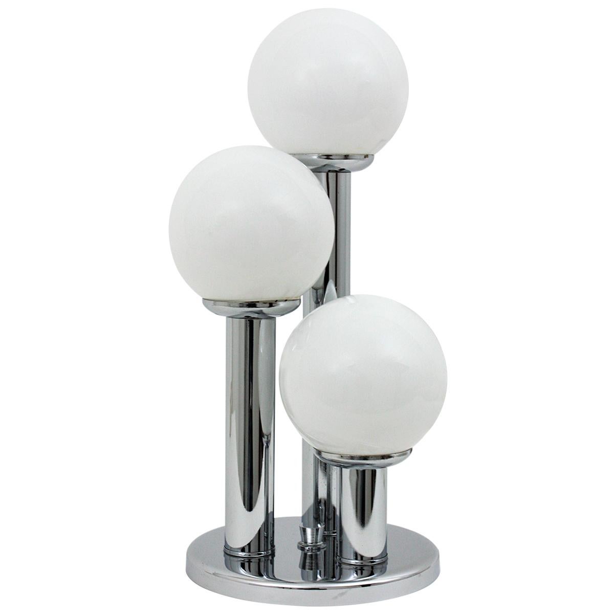 Italian Modernist Stilnovo Style Chrome Table Lamp with Three Glass Globe Shades For Sale