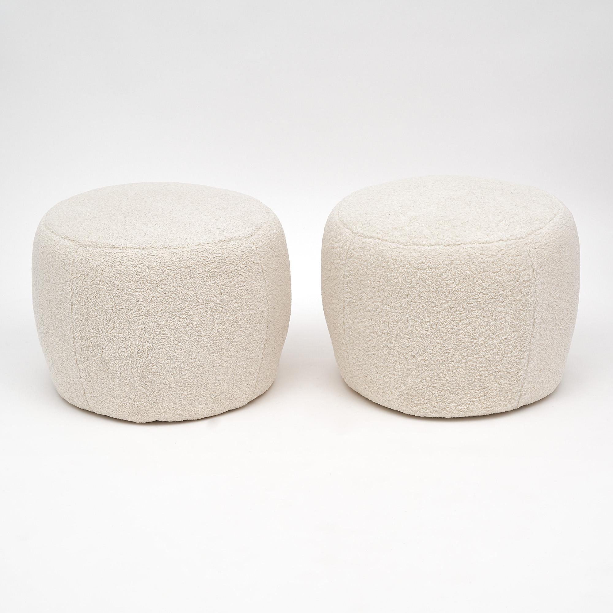Pair of stools, Italian, in the modernist style. This pair has been newly handcrafted in a “bouclé” wool blend. We love the minimal, inviting design of this pair.