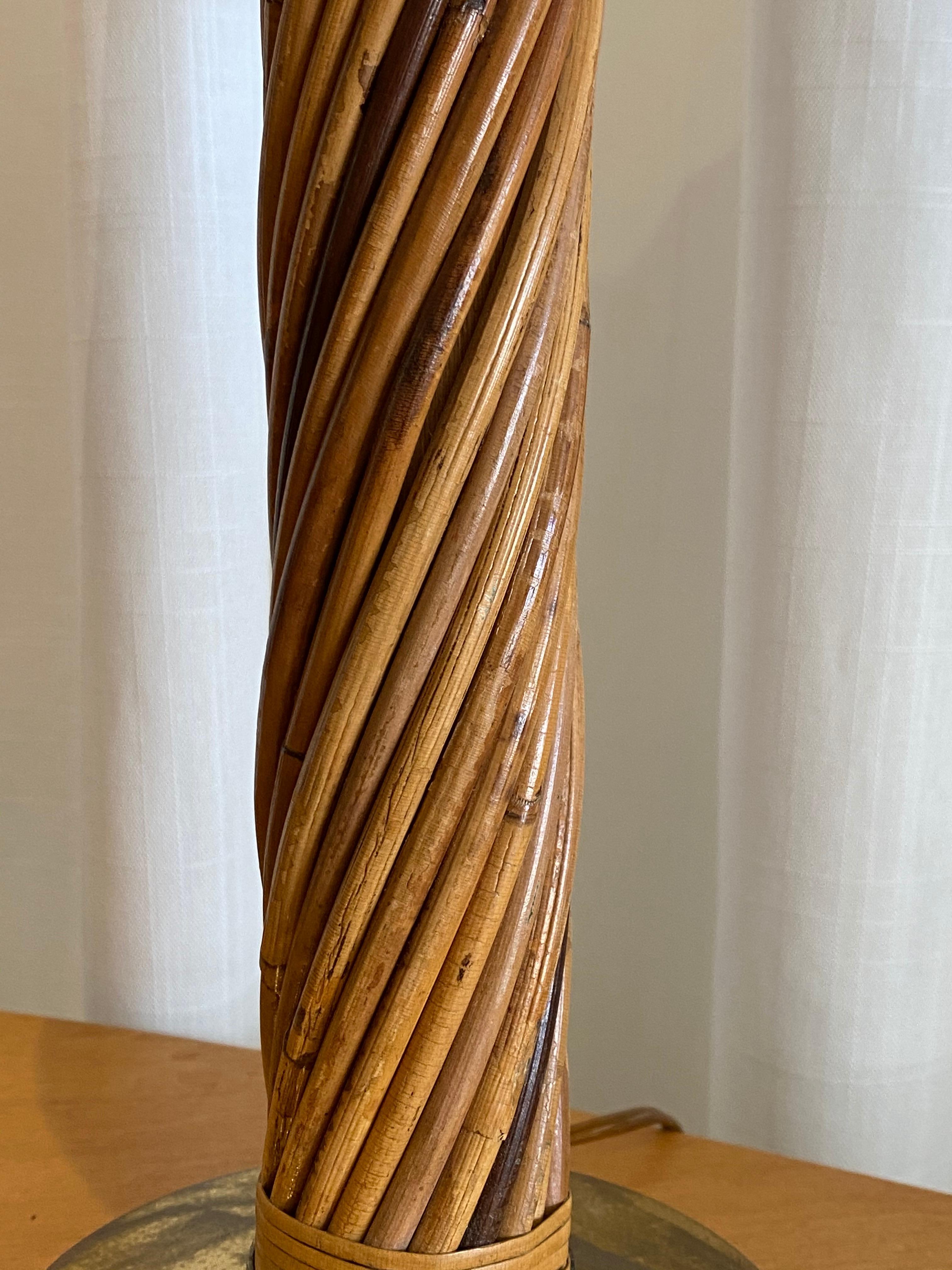 Mid-Century Modern Italian, Modernist Table Lamp, Brass, Bamboo, Fabric, Italy, 1960s