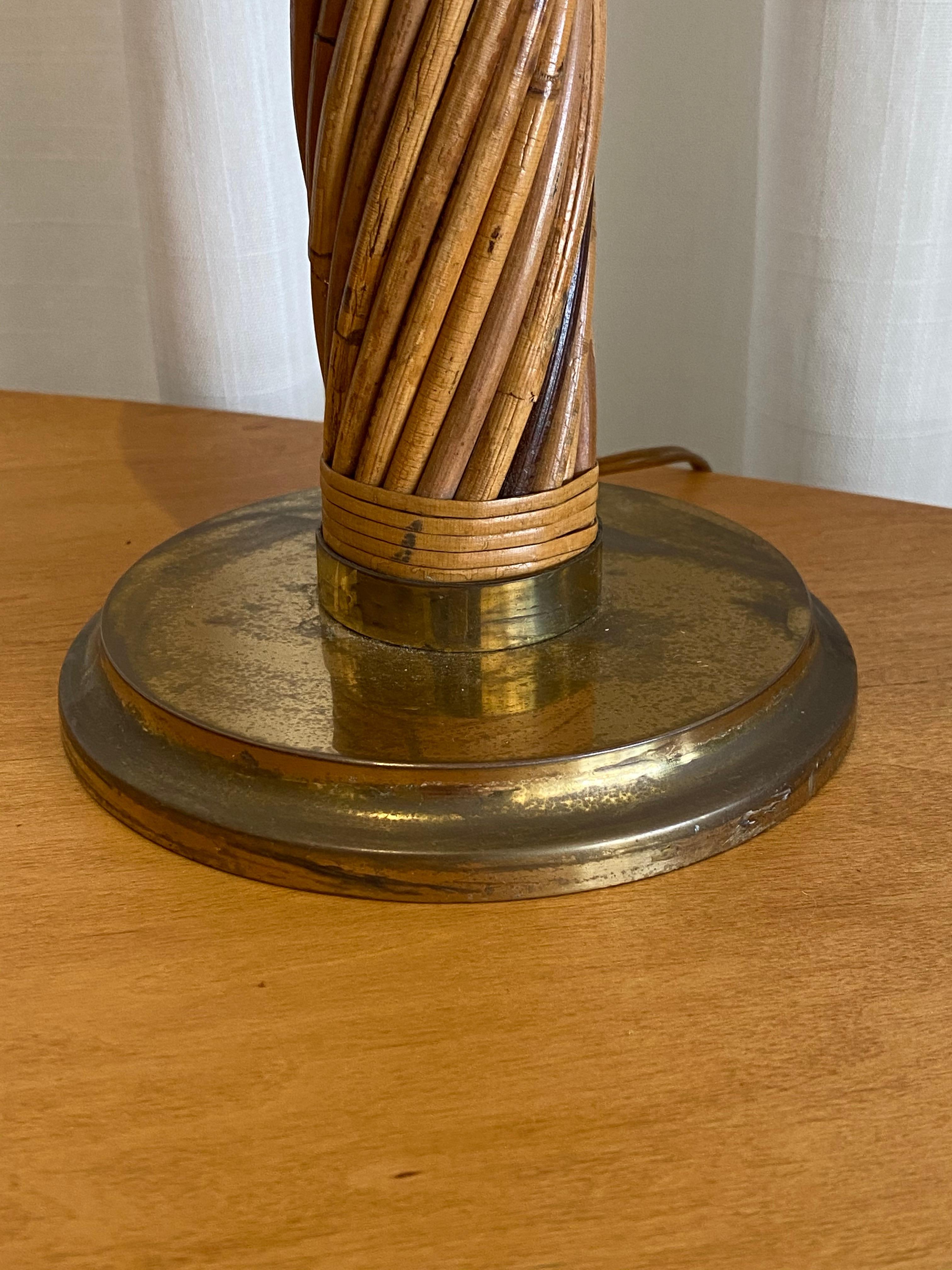 Italian, Modernist Table Lamp, Brass, Bamboo, Fabric, Italy, 1960s In Fair Condition In High Point, NC