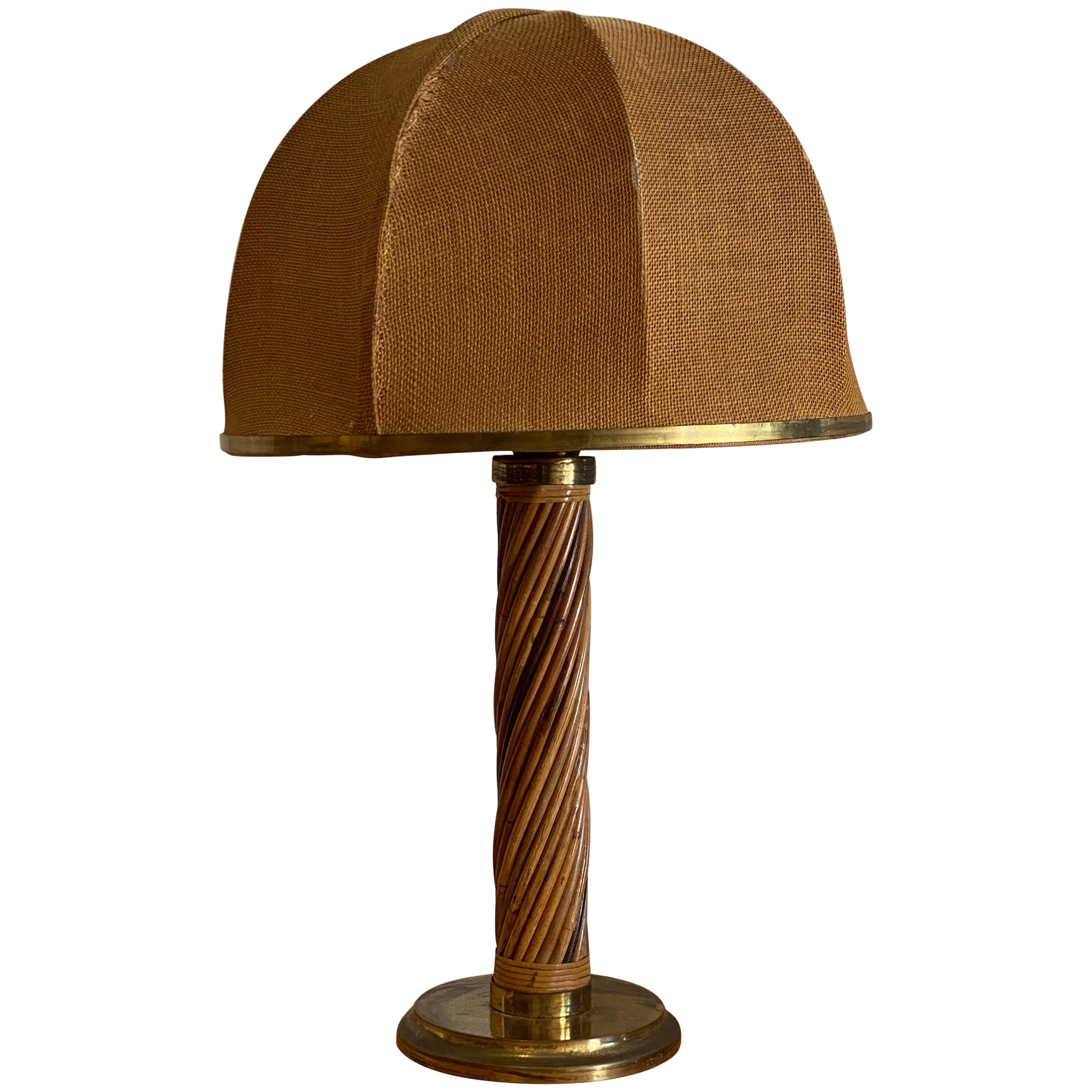 Italian, Modernist Table Lamp, Brass, Bamboo, Fabric, Italy, 1960s