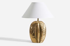 Vintage Italian, Modernist Table Lamp, Gold-Plated Brass, Fabric, Italy, 1960s