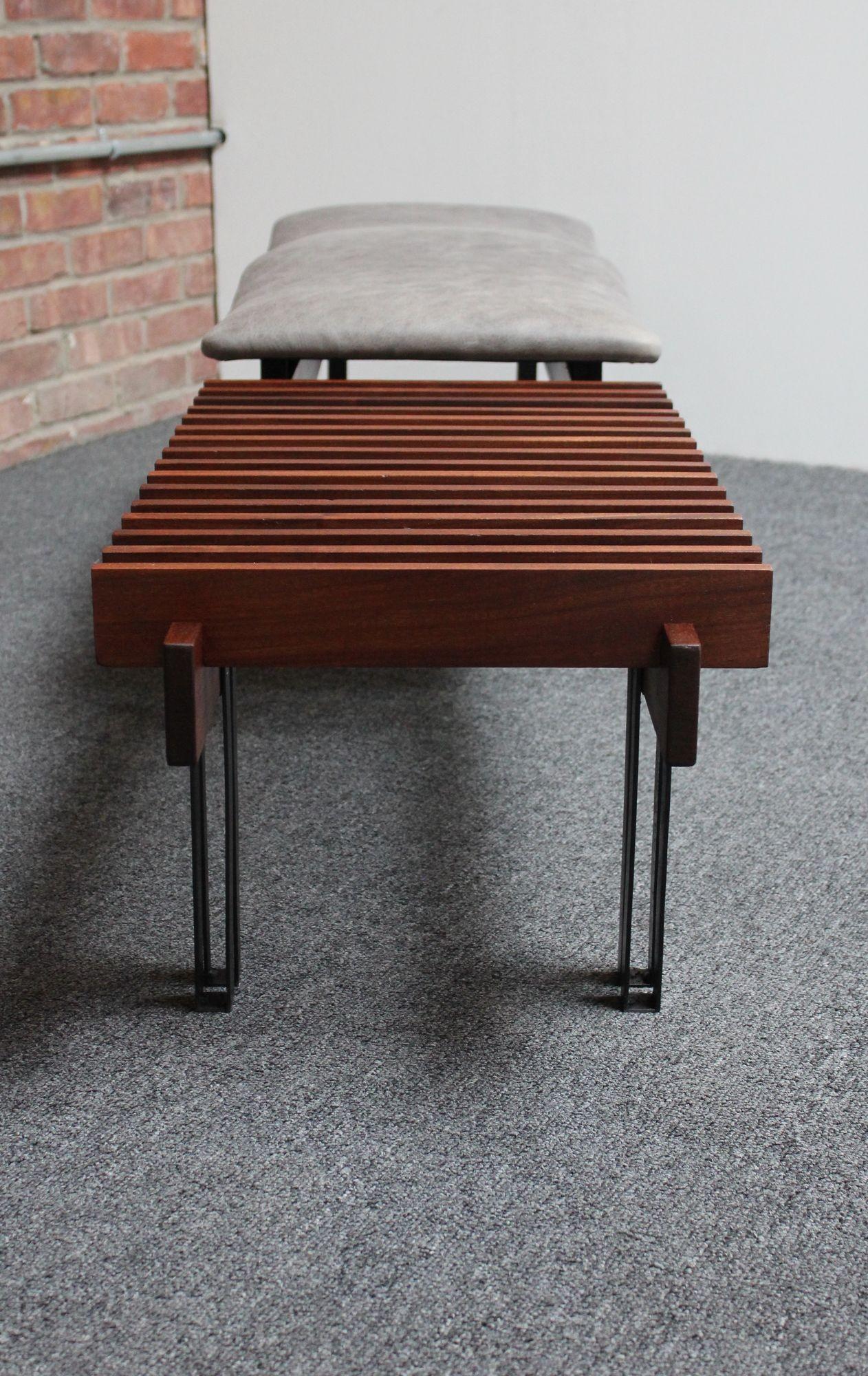 Italian Modernist Teak and Leather Bench by Inge and Luciano Rubino For Sale 1