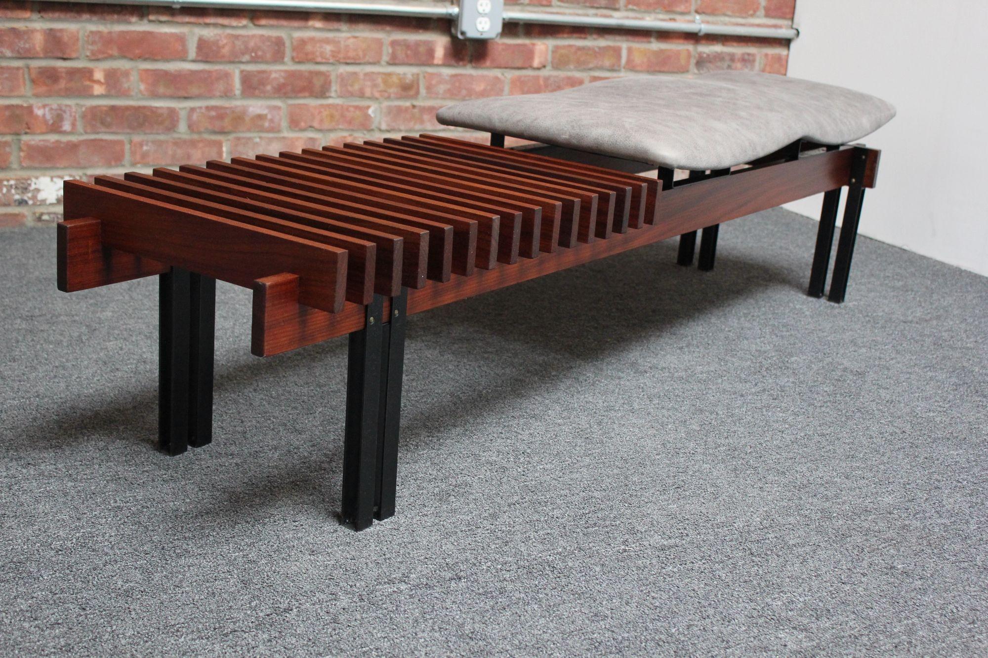 Italian Modernist Teak and Leather Bench by Inge and Luciano Rubino For Sale 12