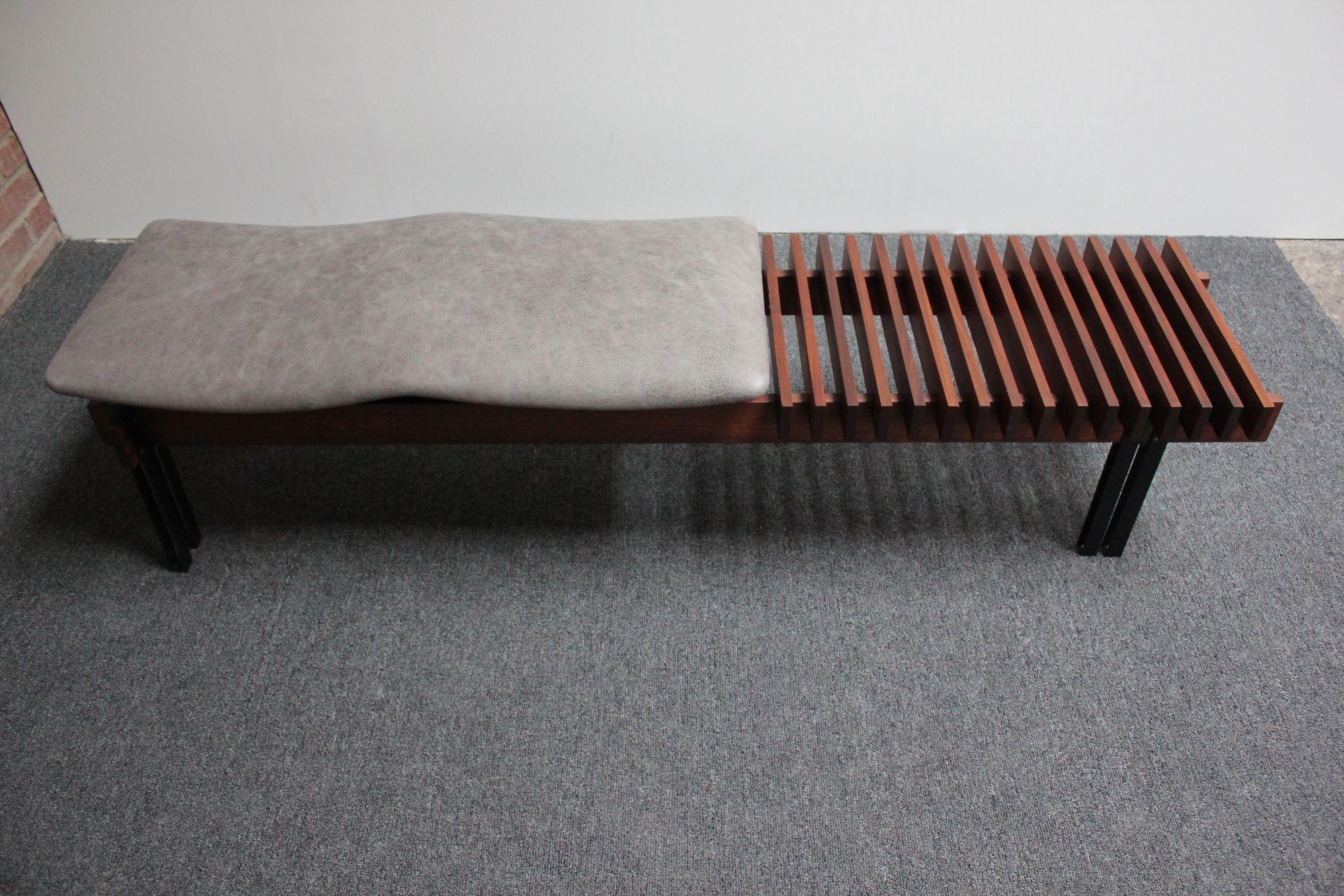 Mid-Century Modern Italian Modernist Teak and Leather Bench by Inge and Luciano Rubino For Sale