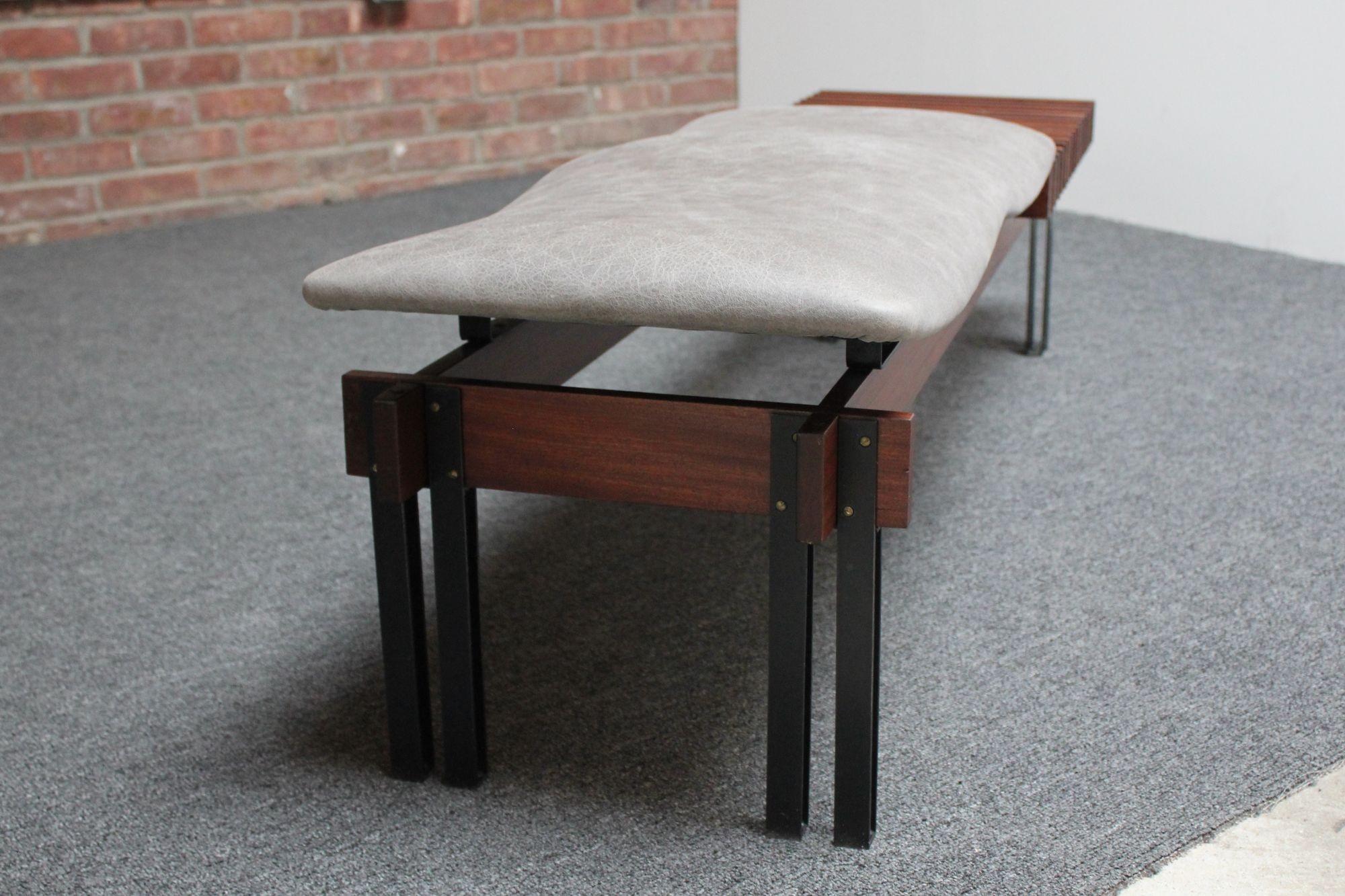 Mid-20th Century Italian Modernist Teak and Leather Bench by Inge and Luciano Rubino For Sale