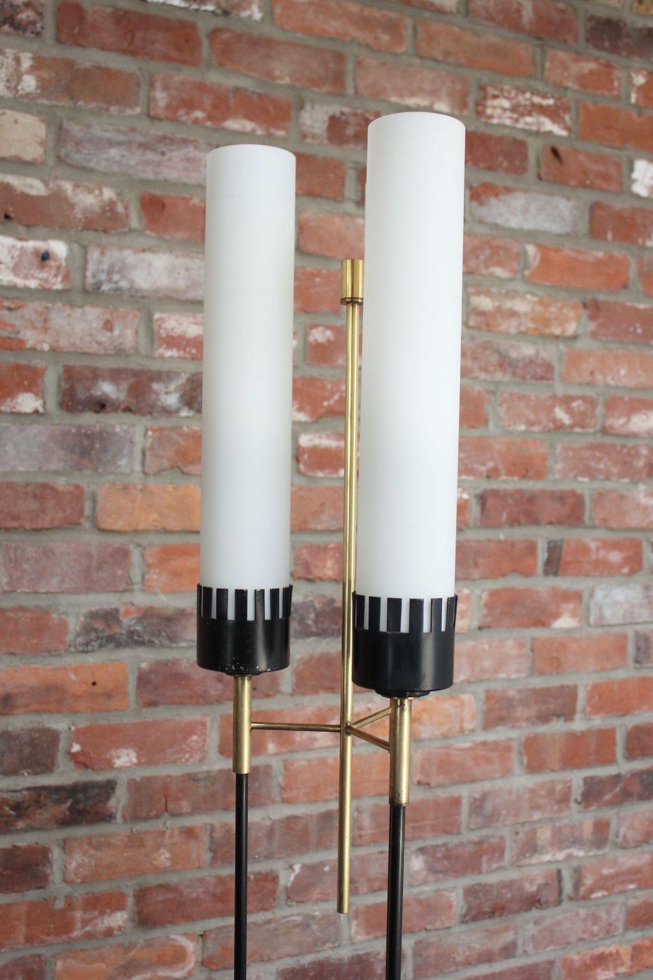 Mid-20th Century Italian Modernist Three-Fixture Glass, Brass and Metal Floor Lamp by Stilnovo For Sale