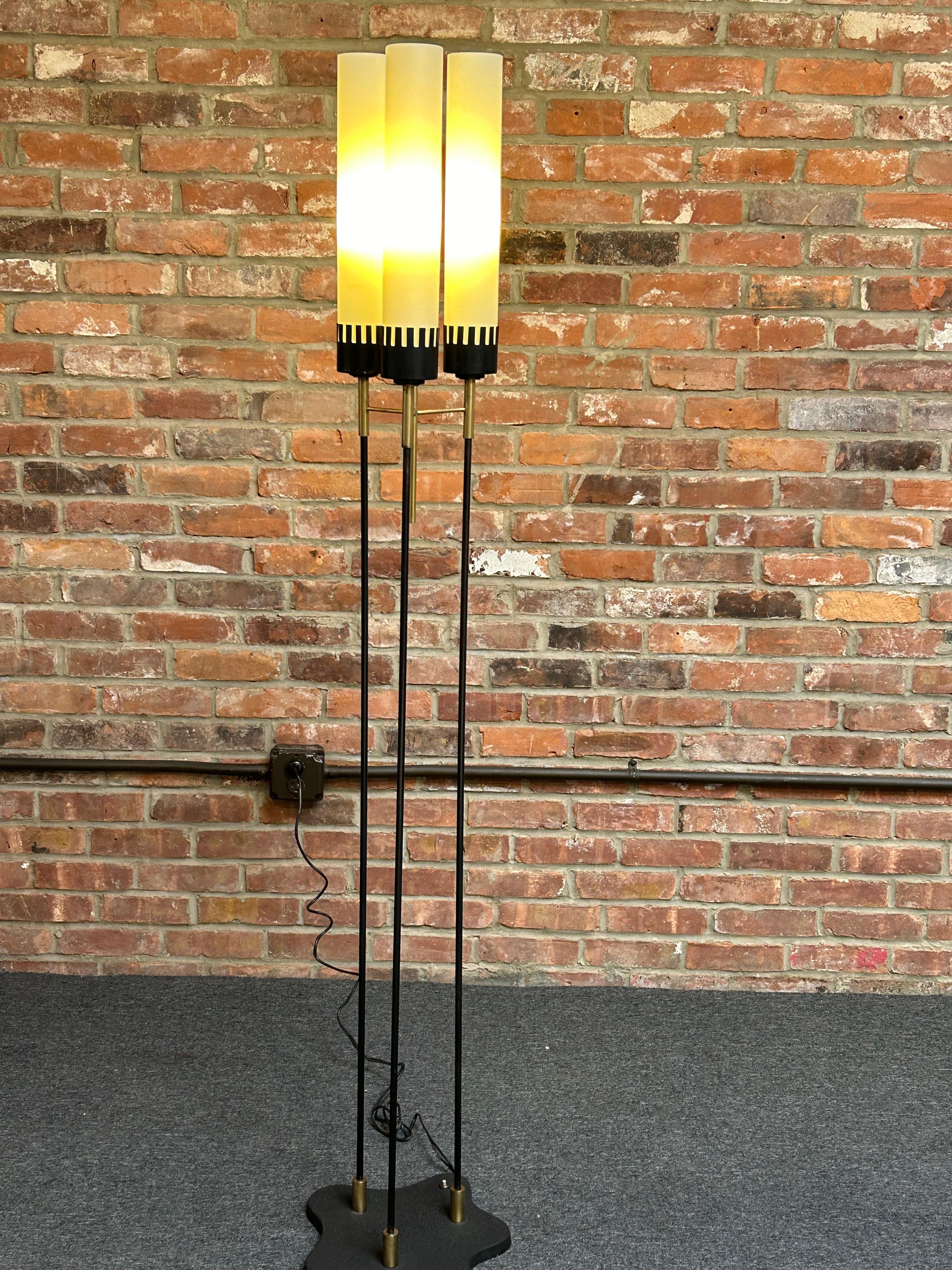 Mid-Century Modern Italian Modernist Three-Fixture Glass, Brass and Metal Floor Lamp by Stilnovo For Sale