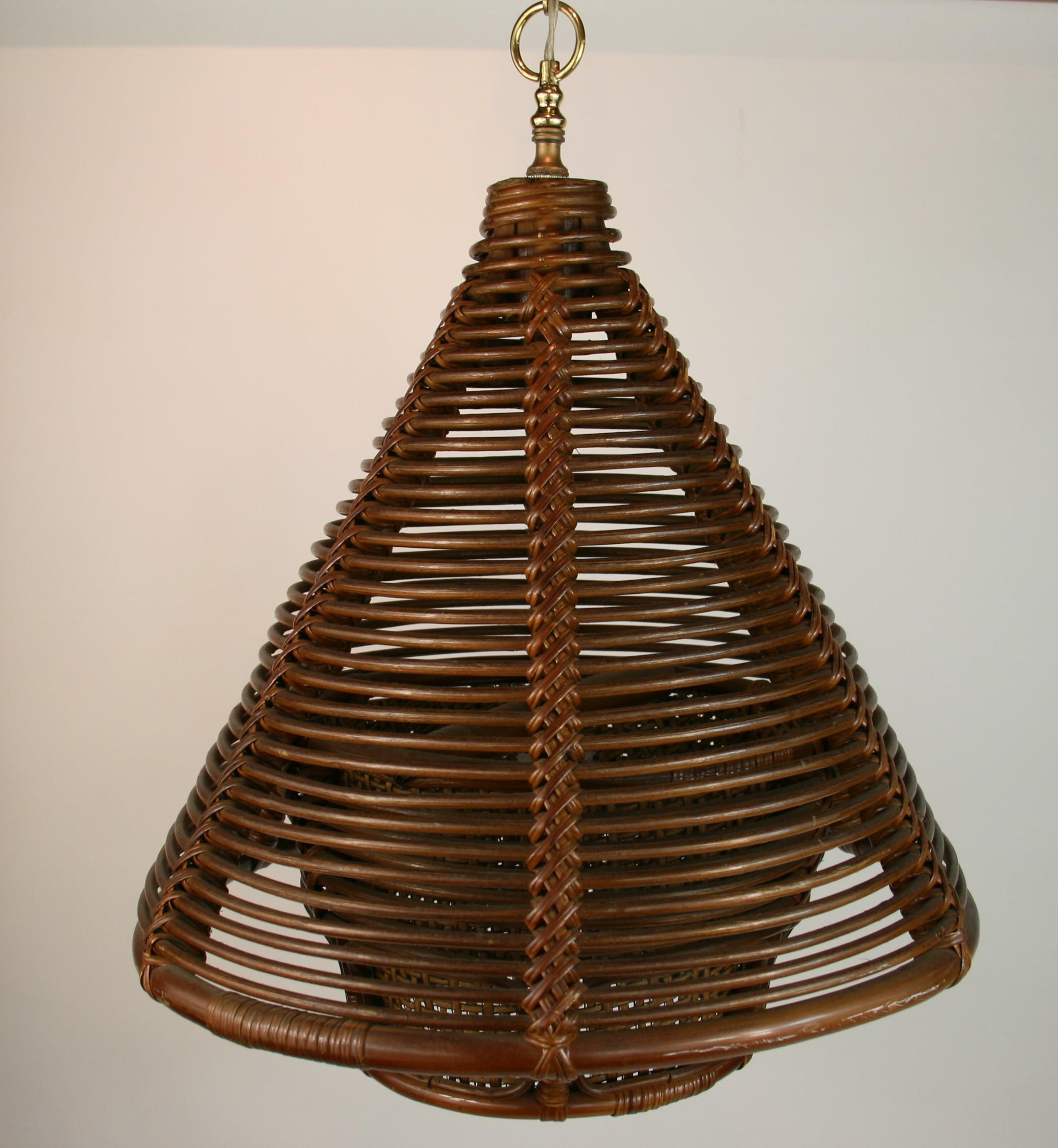 Italian Modernist Two Tier Triangular Rattan and Wicker Hanging Light, 1960s For Sale 5