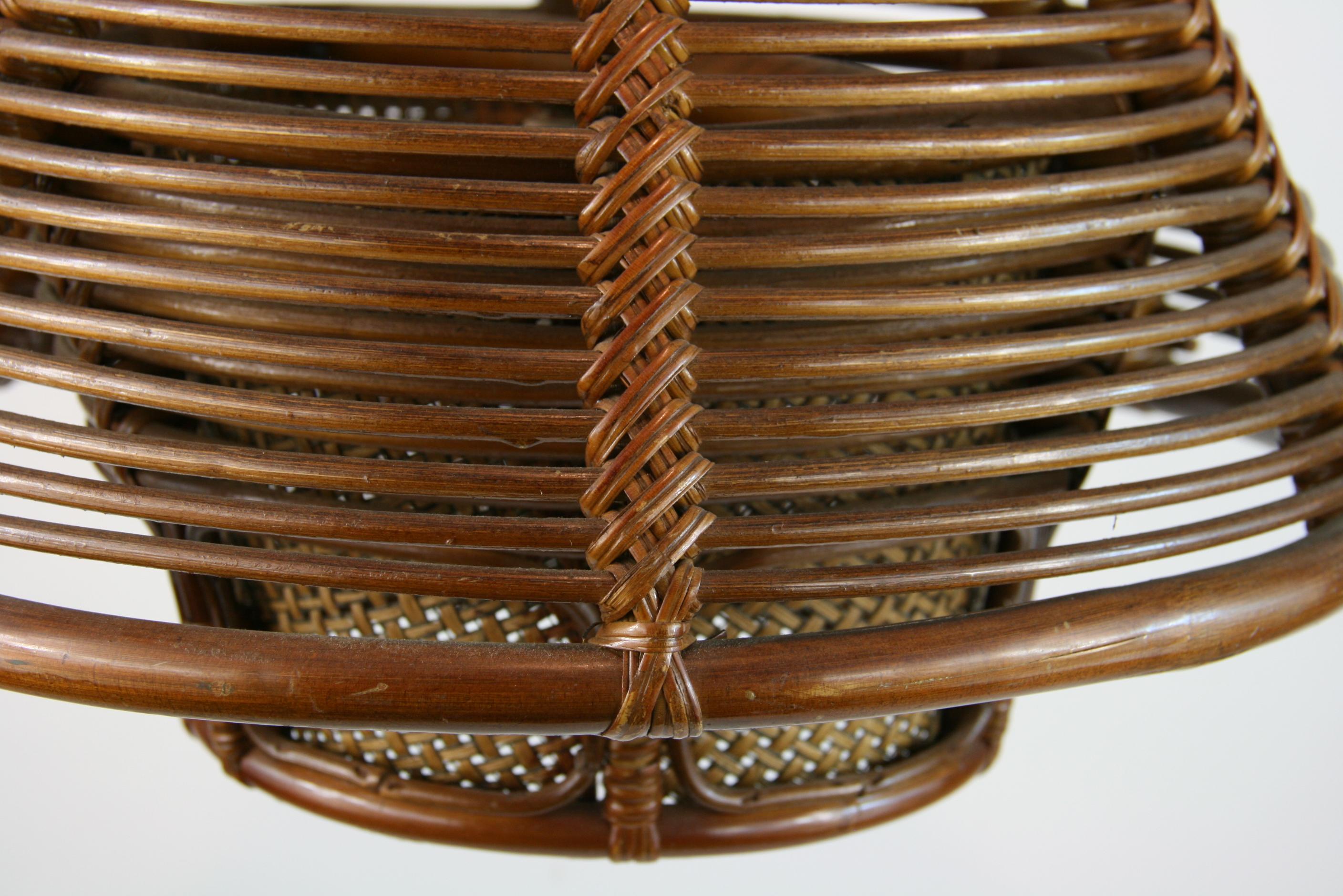 Mid-20th Century Italian Modernist Two Tier Triangular Rattan and Wicker Hanging Light, 1960s For Sale
