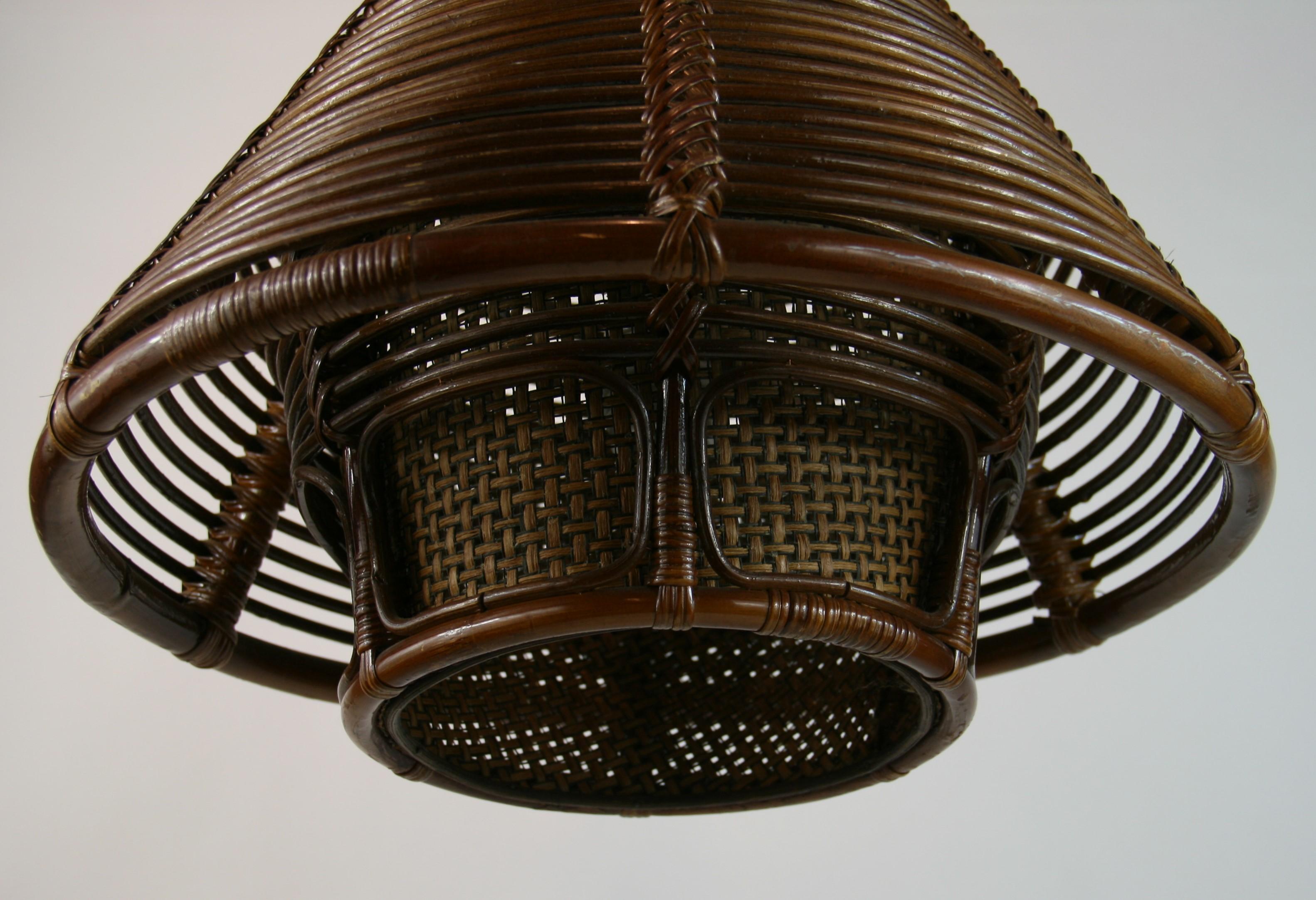 Italian Modernist Two Tier Triangular Rattan and Wicker Hanging Light, 1960s For Sale 2