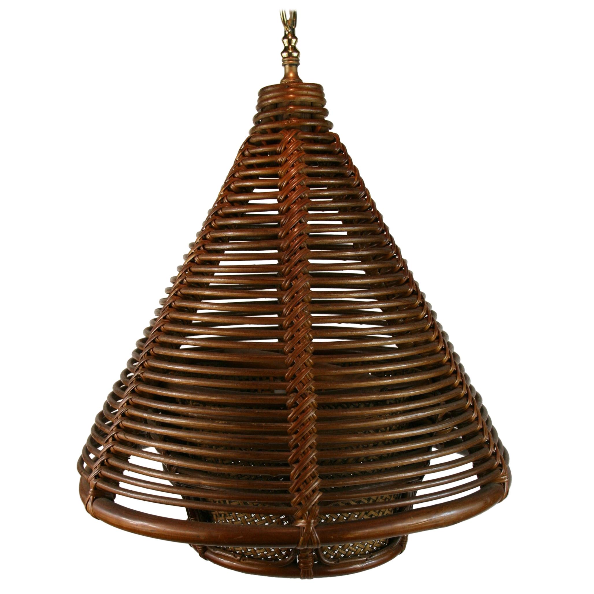 Italian Modernist Two Tier Triangular Rattan and Wicker Hanging Light, 1960s For Sale