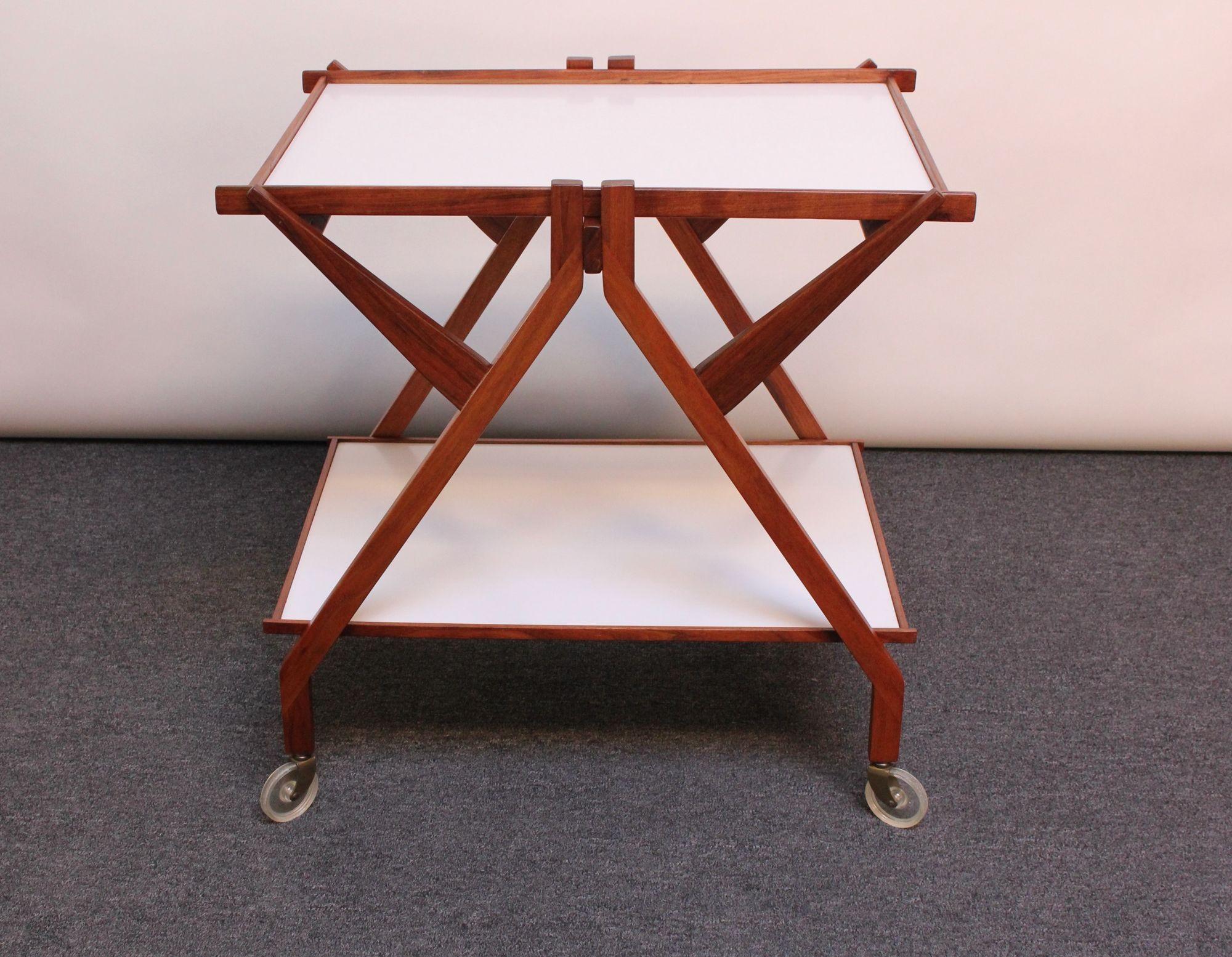Mid-Century Modern Italian Modernist Two-Tier Walnut Bar Cart/Trolley on Casters For Sale