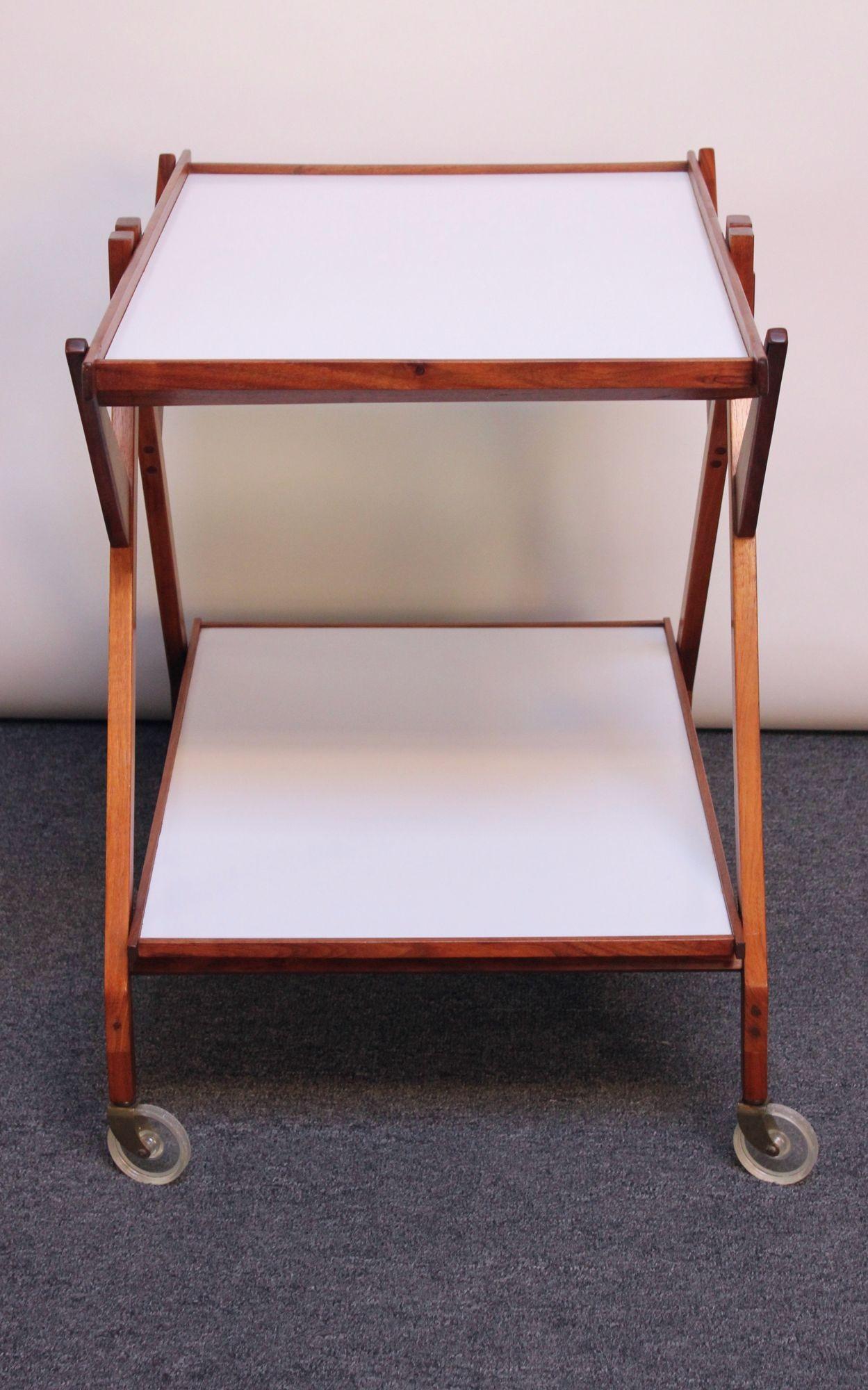 Mid-20th Century Italian Modernist Two-Tier Walnut Bar Cart/Trolley on Casters For Sale