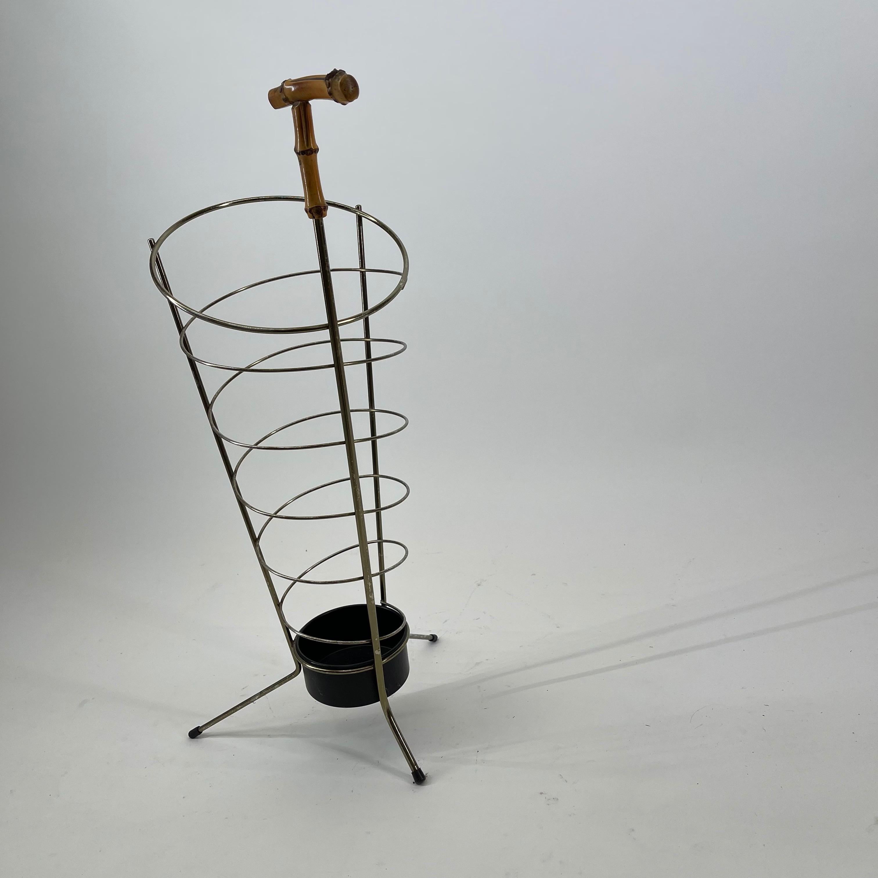 Mid-Century Modern Italian Modernist Umbrella Stand Brass Style Bamboo Handle, 1950s For Sale
