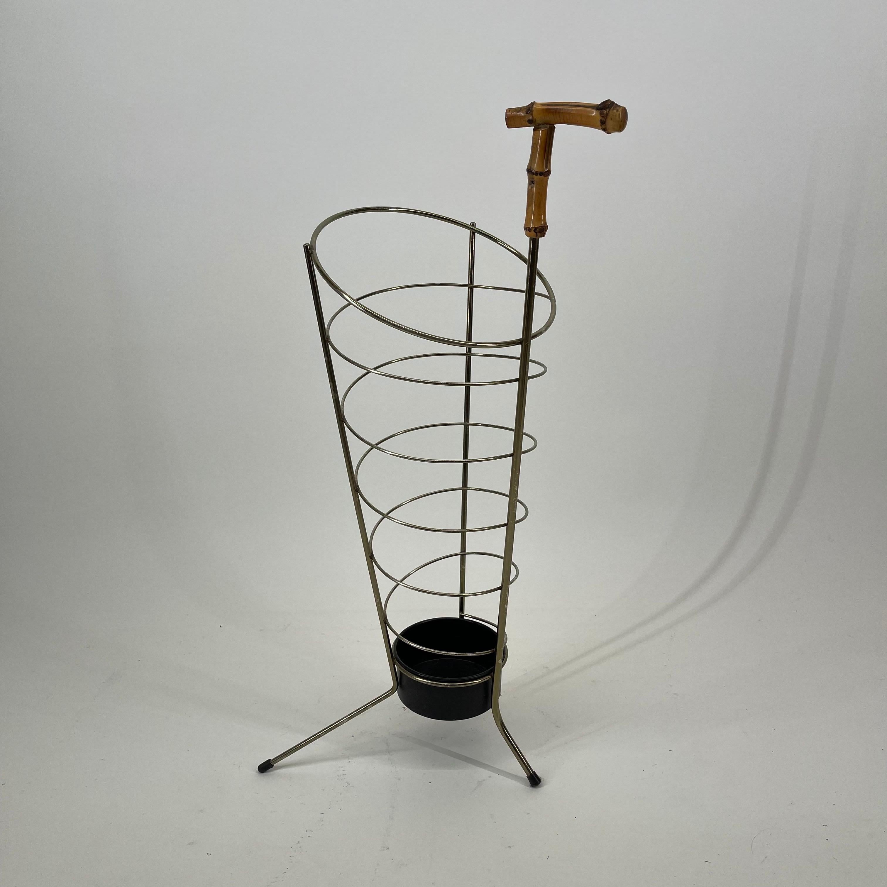 Italian Modernist Umbrella Stand Brass Style Bamboo Handle, 1950s For Sale 1
