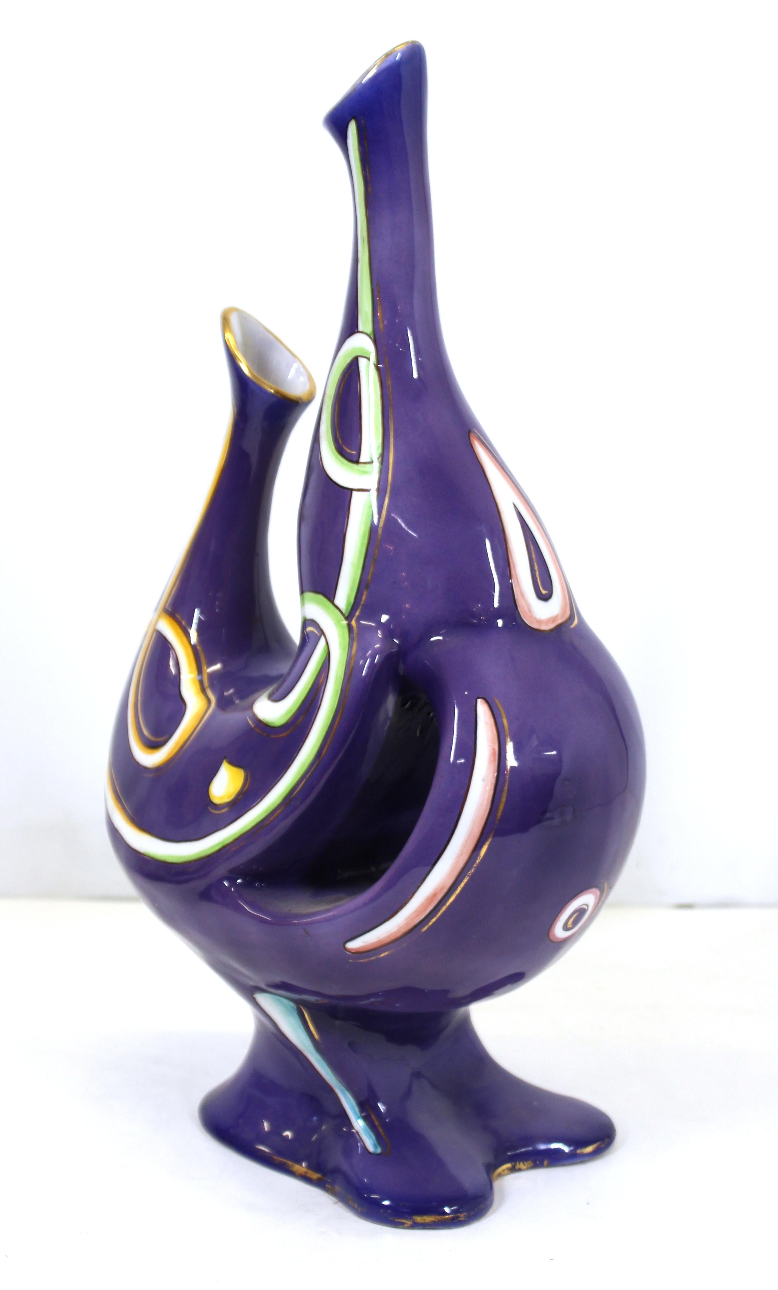 Mid-Century Modern Italian Modernist Whimsical Glazed Ceramic Vase with Gold Detailing For Sale