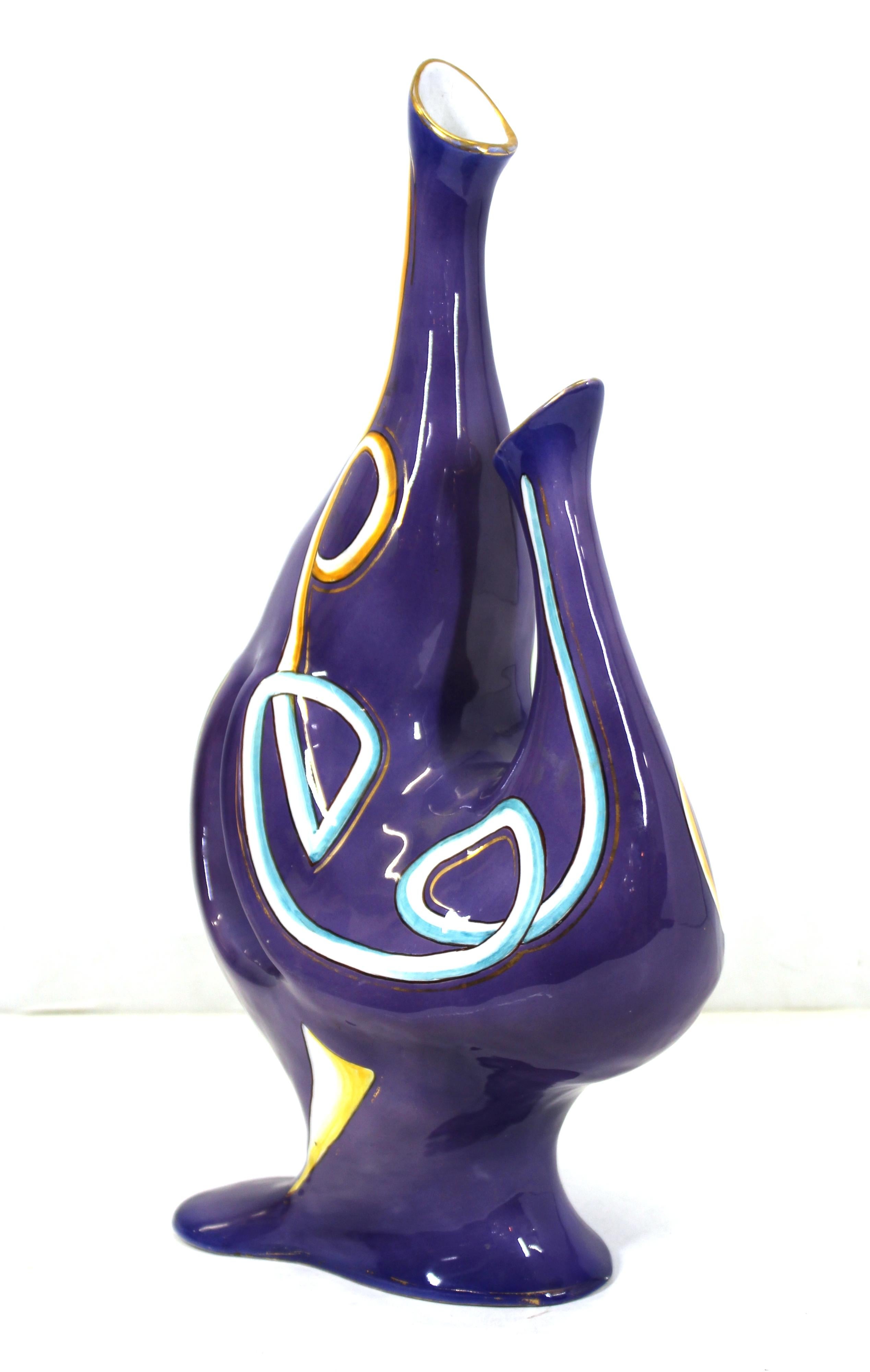 Mid-20th Century Italian Modernist Whimsical Glazed Ceramic Vase with Gold Detailing