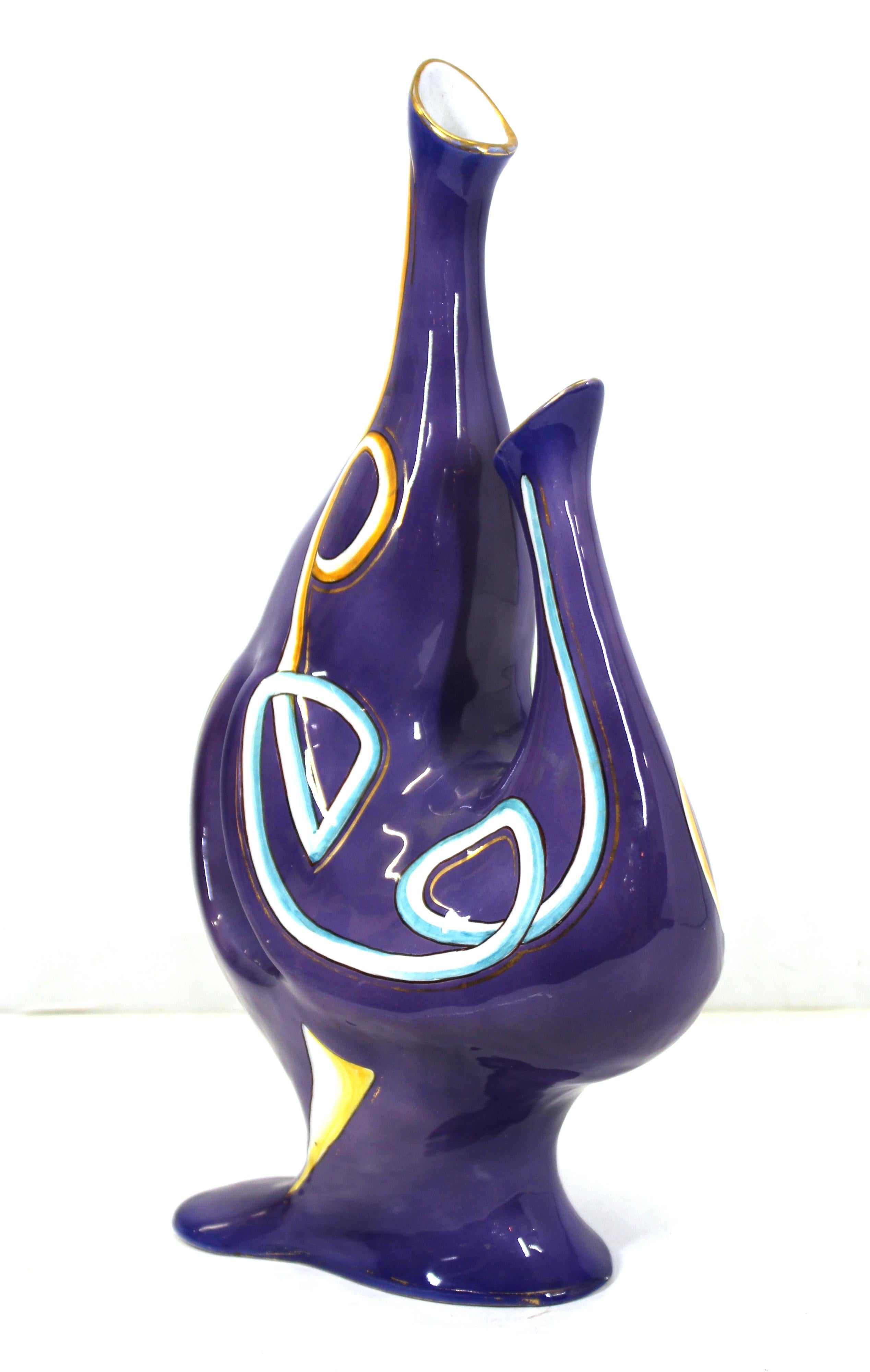 Mid-20th Century Italian Modernist Whimsical Glazed Ceramic Vase with Gold Detailing For Sale