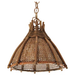Italian Modernist Wicker and Bamboo Bell Shaped Chandelier Pendant, 1960s