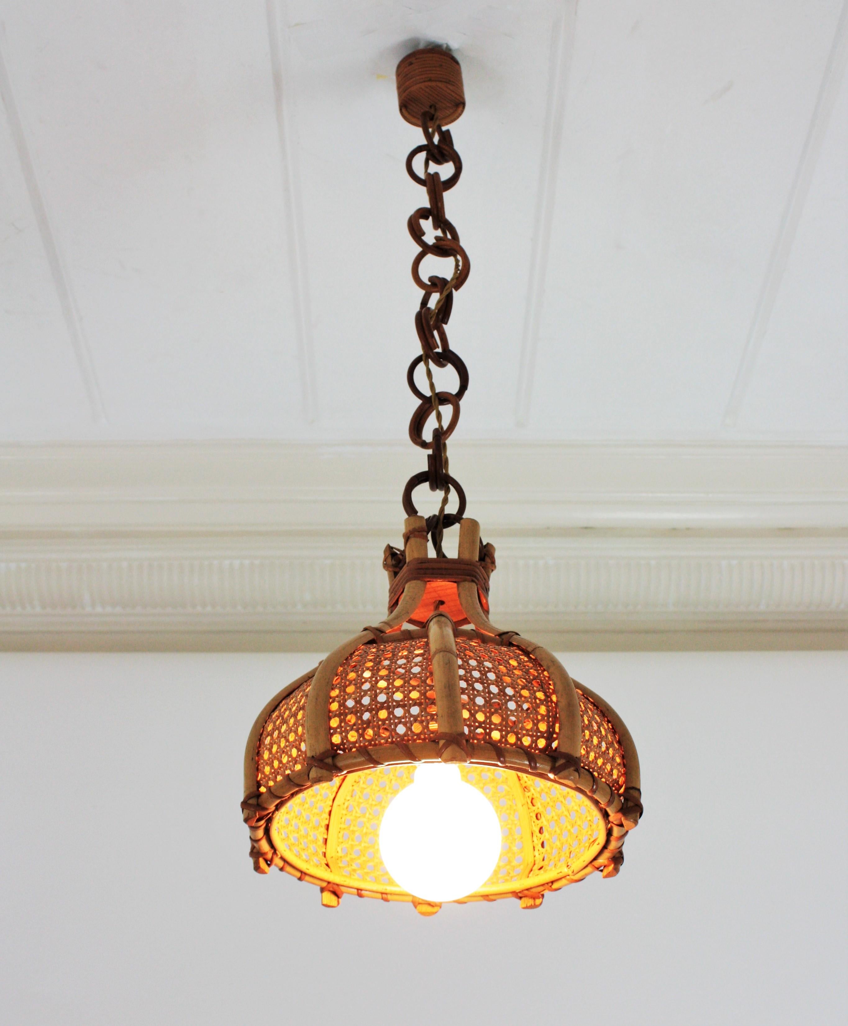 Italian Modernist Wicker Weave and Bamboo Bell Shaped Pendant, 1960s For Sale 6