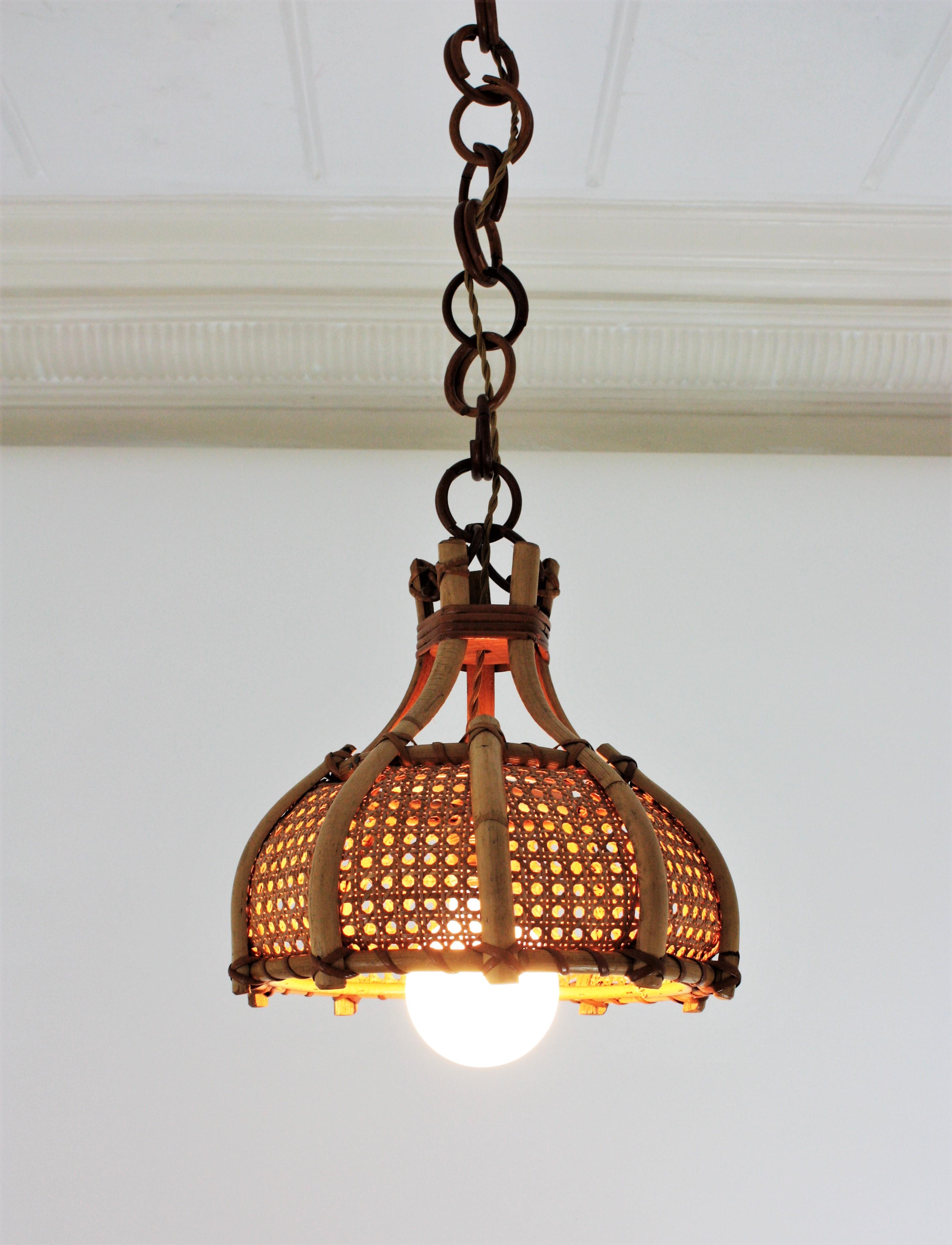 Italian Modernist Wicker Weave and Bamboo Bell Shaped Pendant, 1960s For Sale 9