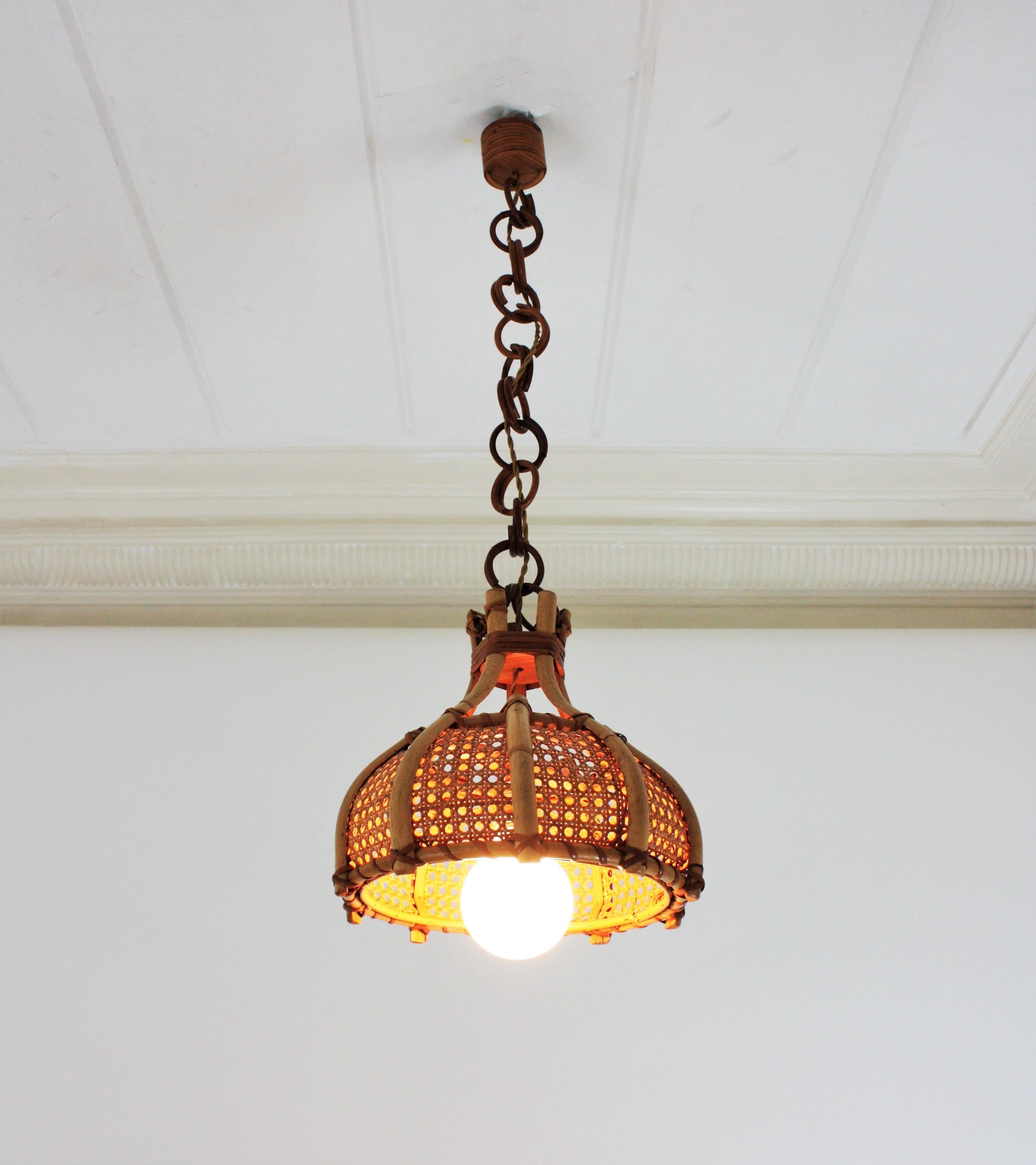 Italian Modernist Wicker Weave and Bamboo Bell Shaped Pendant, 1960s For Sale 14