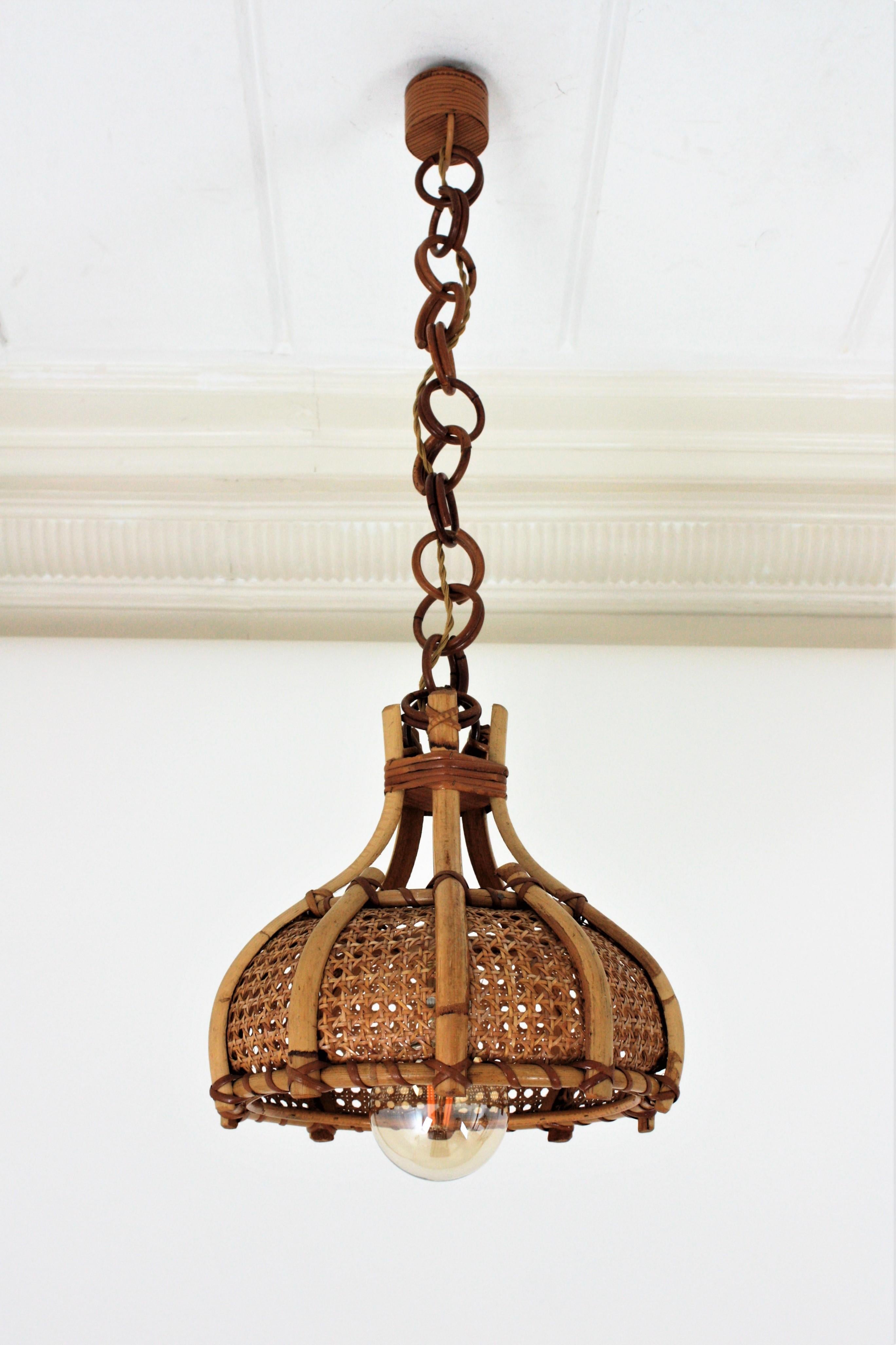 Mid-Century Modern Italian Modernist Wicker Weave and Bamboo Bell Shaped Pendant, 1960s For Sale