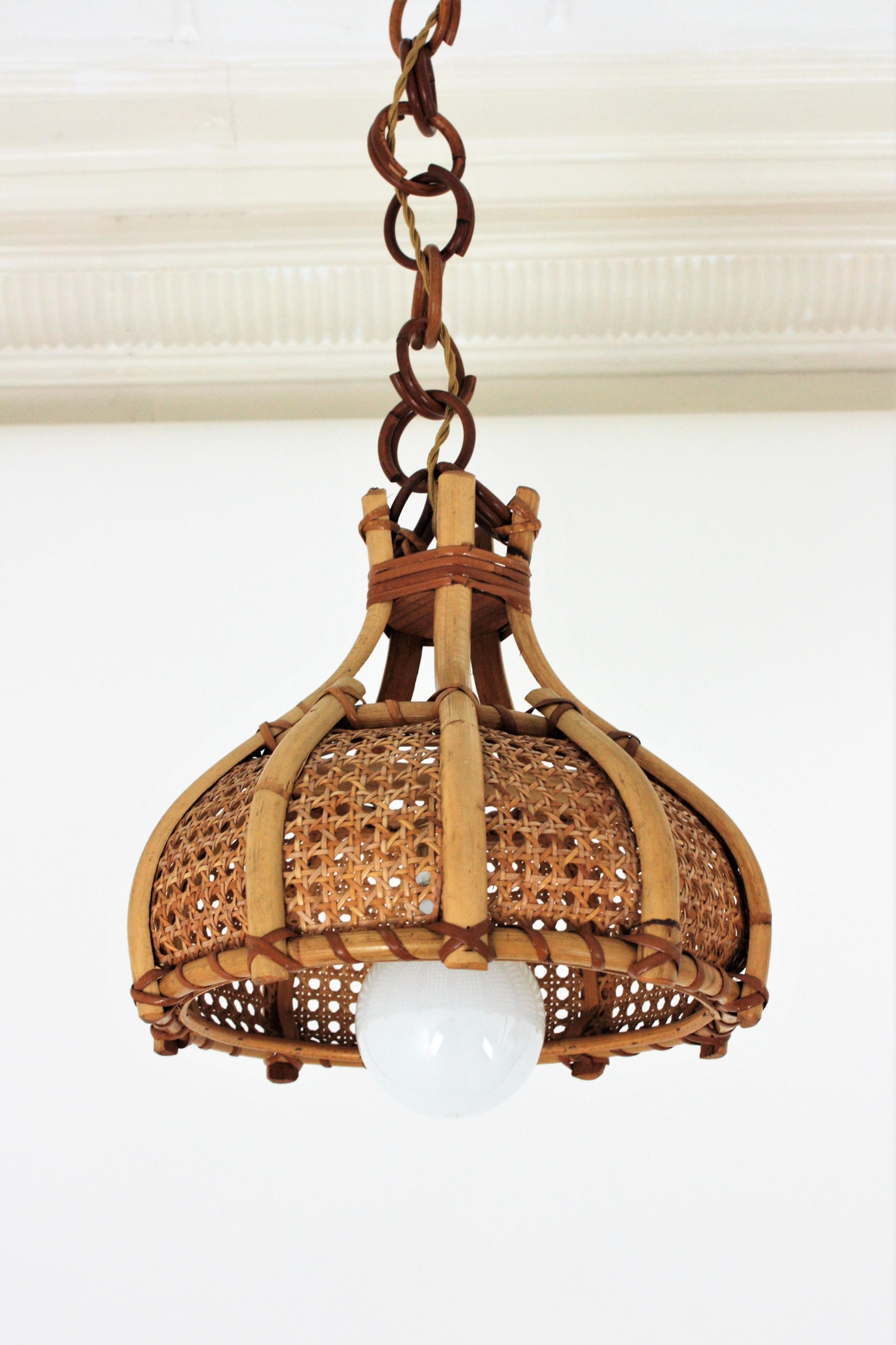 20th Century Italian Modernist Wicker Weave and Bamboo Bell Shaped Pendant, 1960s For Sale