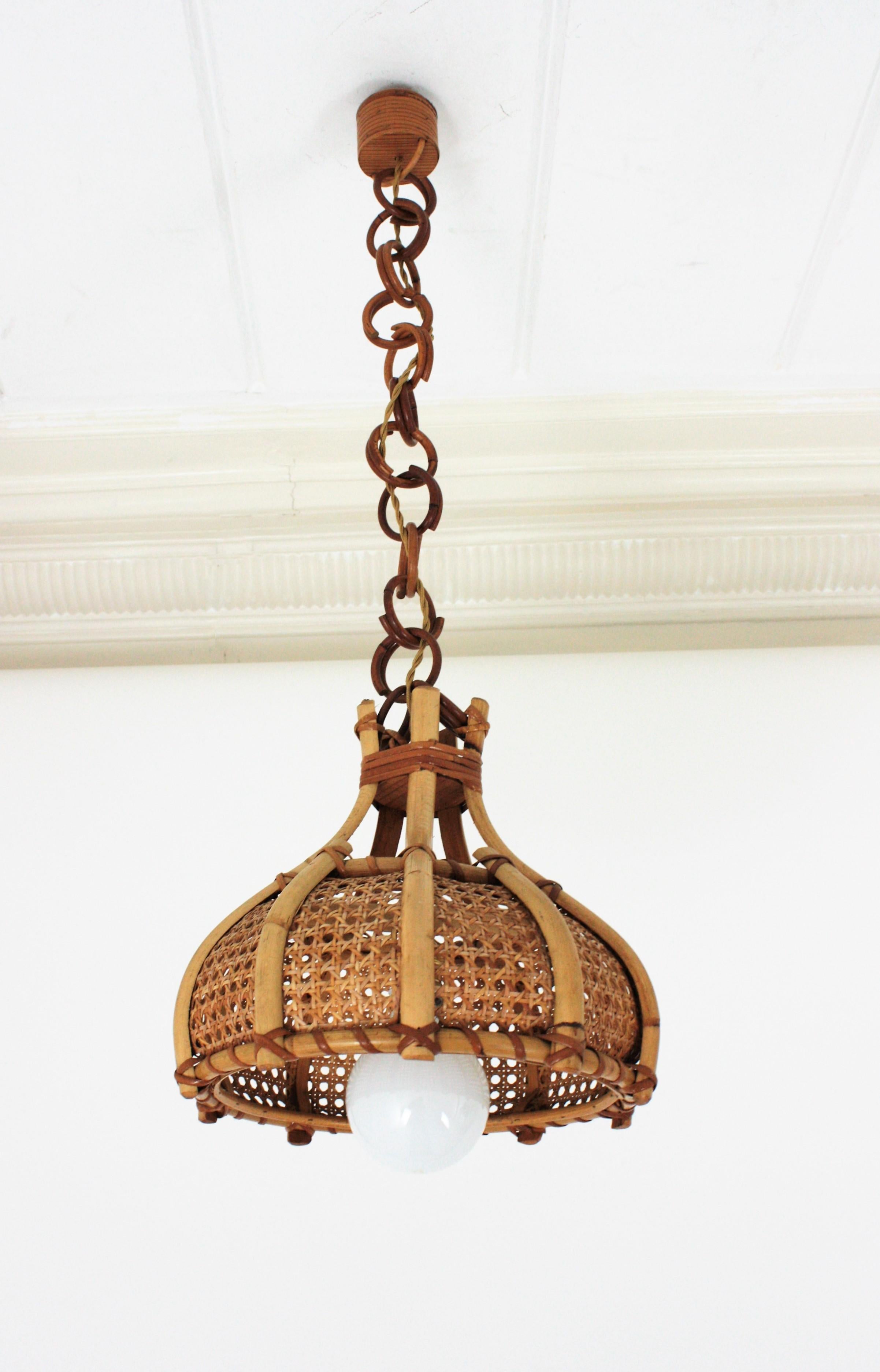 Italian Modernist Wicker Weave and Bamboo Bell Shaped Pendant, 1960s For Sale 1