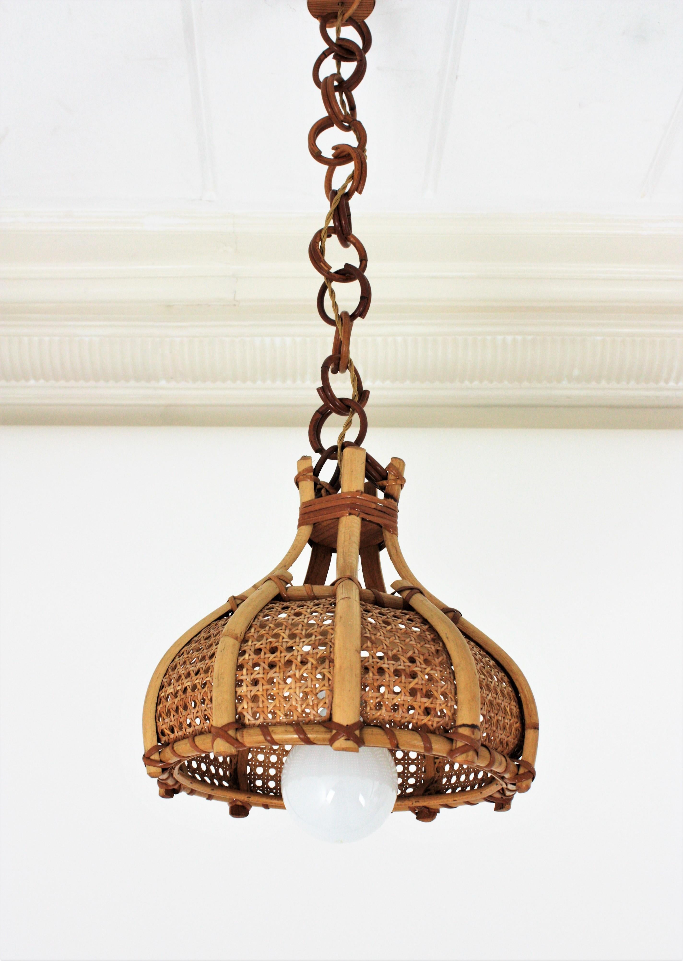 Italian Modernist Wicker Weave and Bamboo Bell Shaped Pendant, 1960s For Sale 2