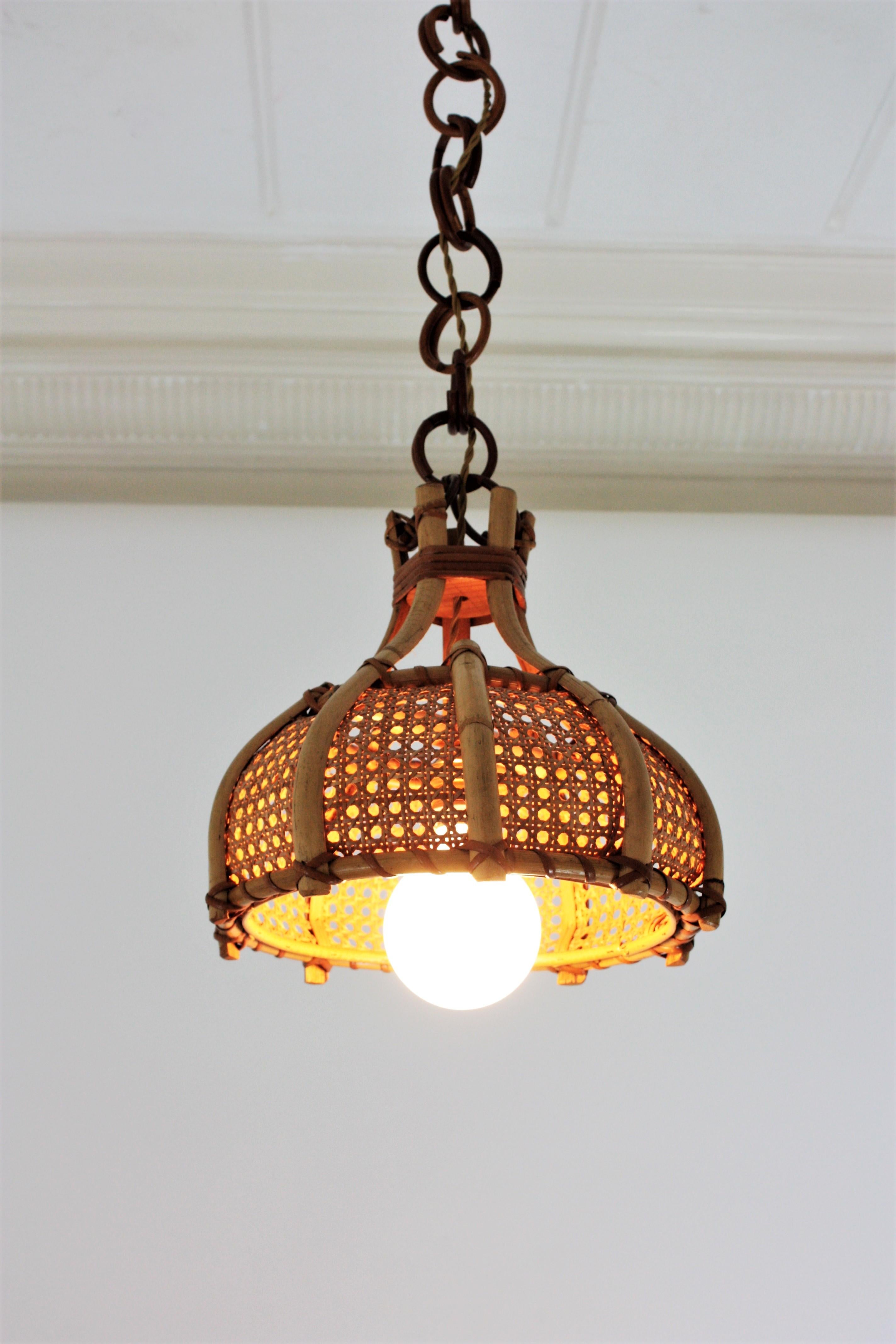 Italian Modernist Wicker Weave and Bamboo Bell Shaped Pendant, 1960s For Sale 3