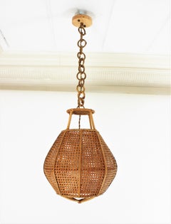 Italian Modernist Wicker Wire and Rattan Globe Pendant or Hanging Light, 1950s