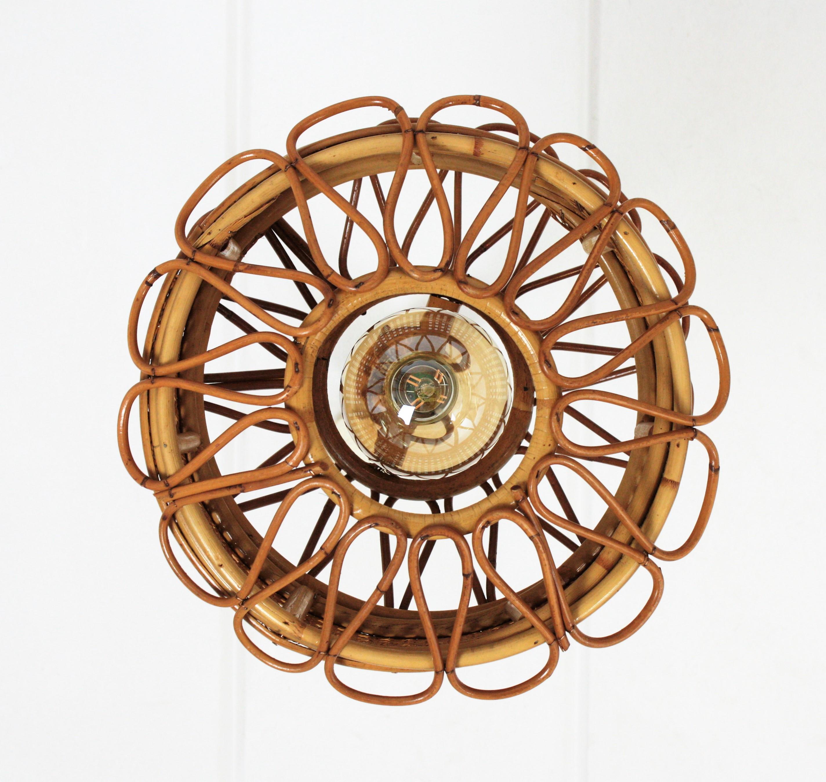 Italian Modernist Wicker Wire and Rattan Pendant Hanging Light, 1950s 3