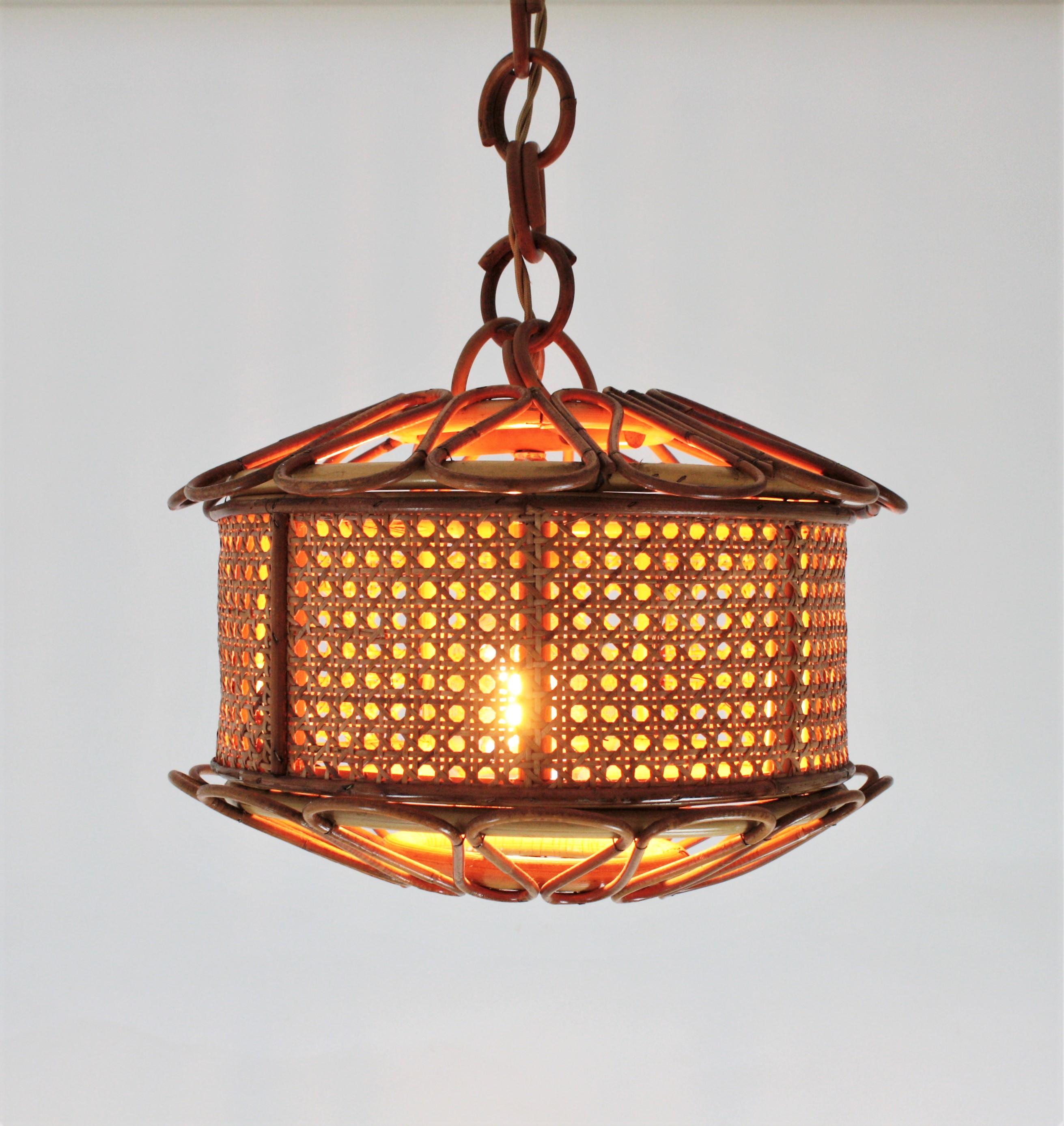 Italian Modernist Wicker Wire and Rattan Pendant Hanging Light, 1950s 5