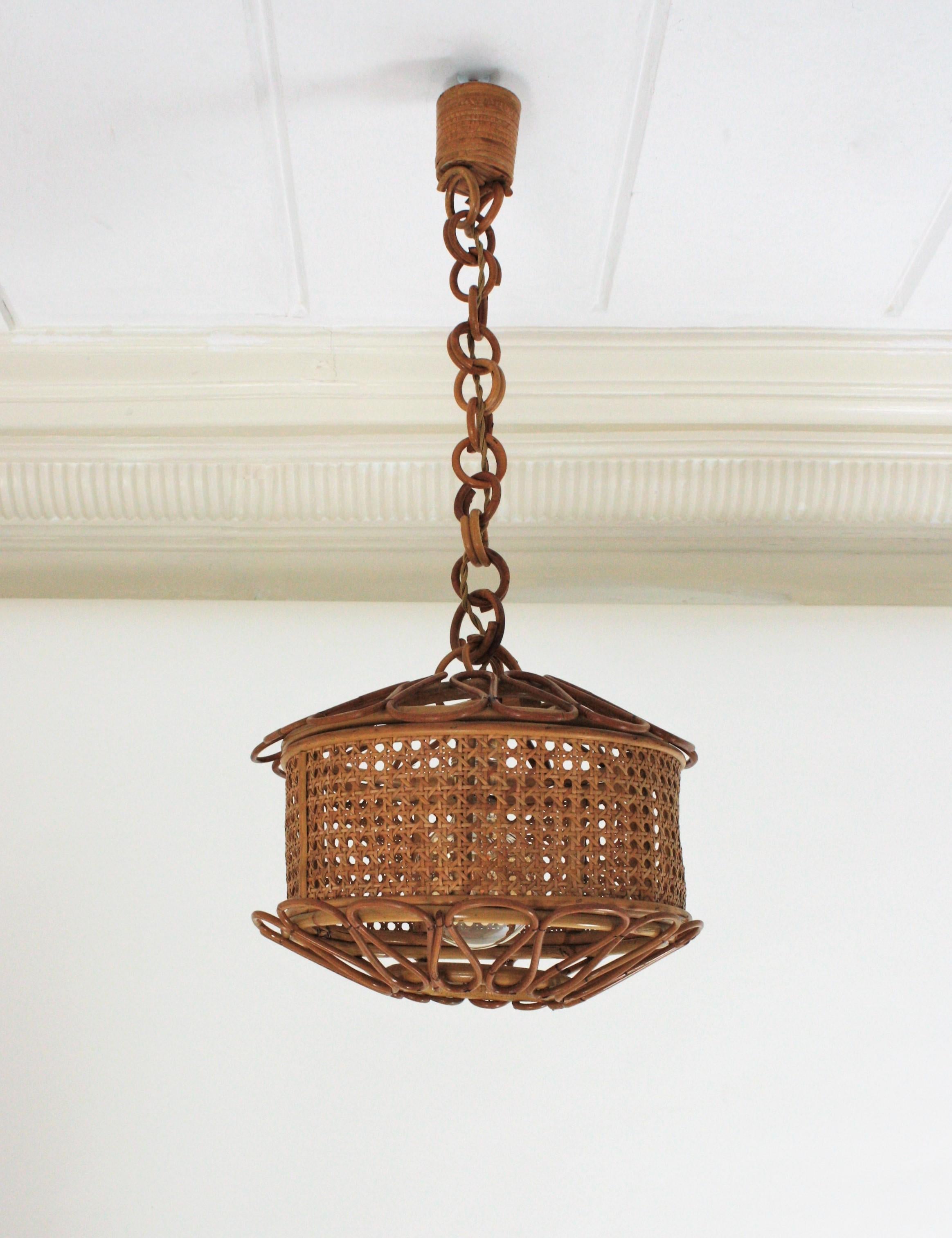 Italian Modernist Wicker Wire and Rattan Pendant Hanging Light, 1950s 5