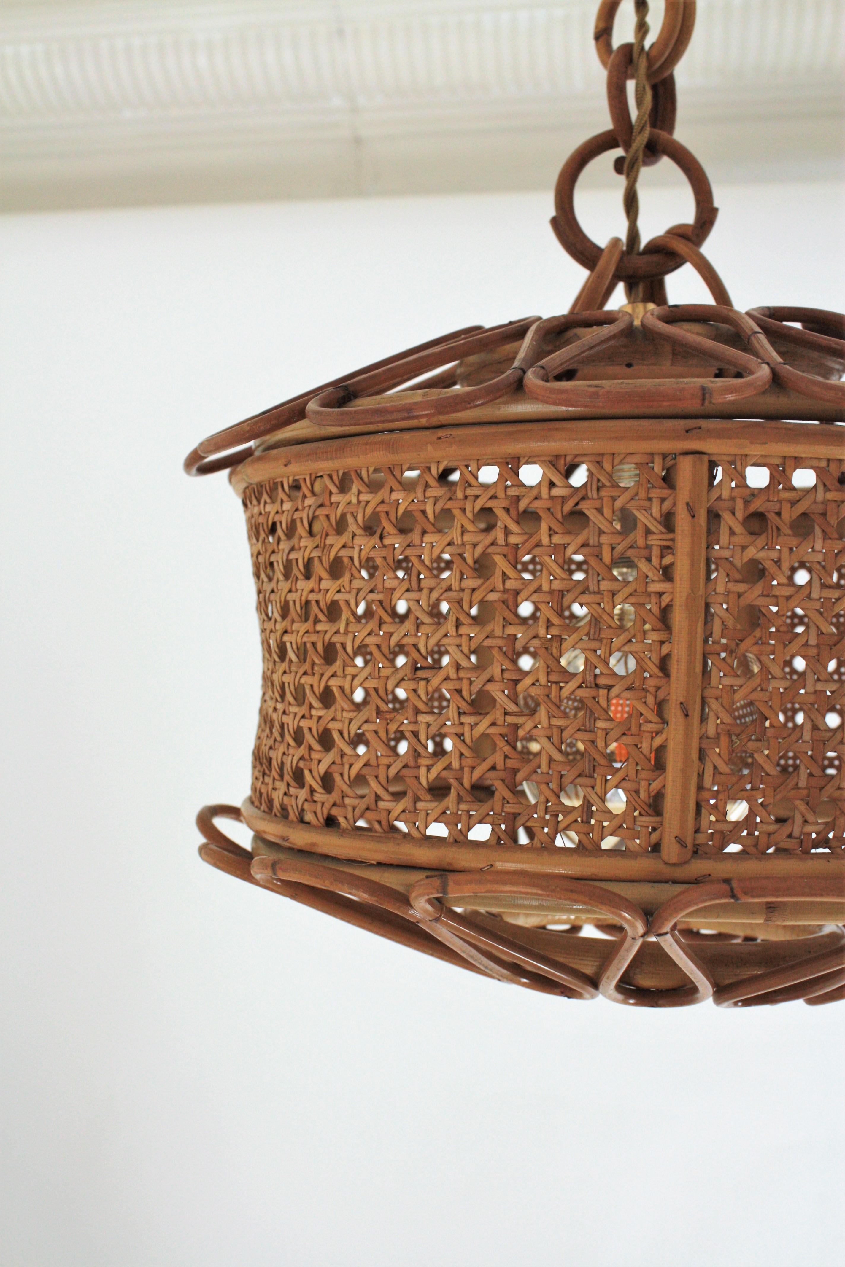 Italian Modernist Wicker Wire and Rattan Pendant Hanging Light, 1950s 7