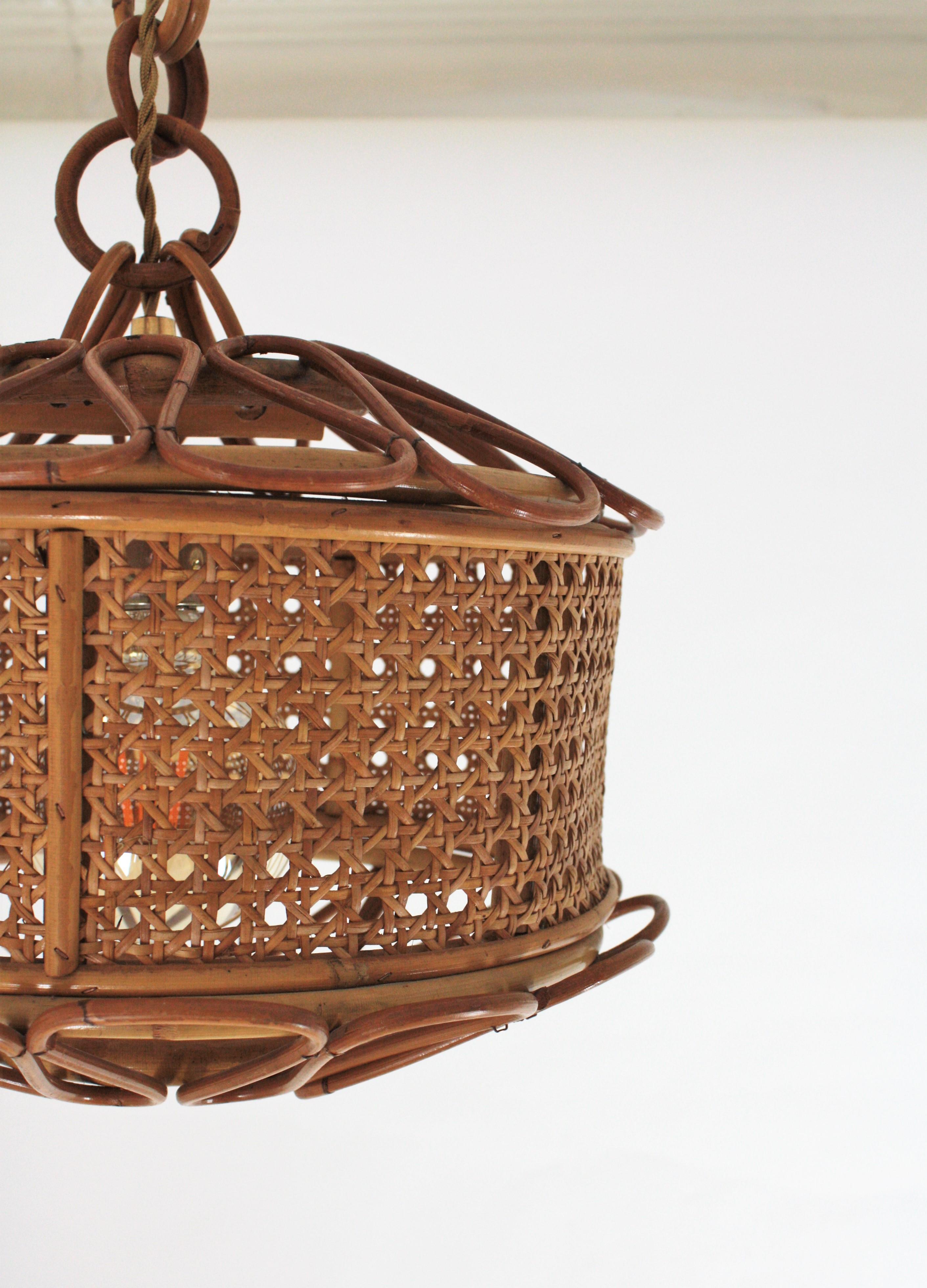 Italian Modernist Wicker Wire and Rattan Pendant Hanging Light, 1950s 8