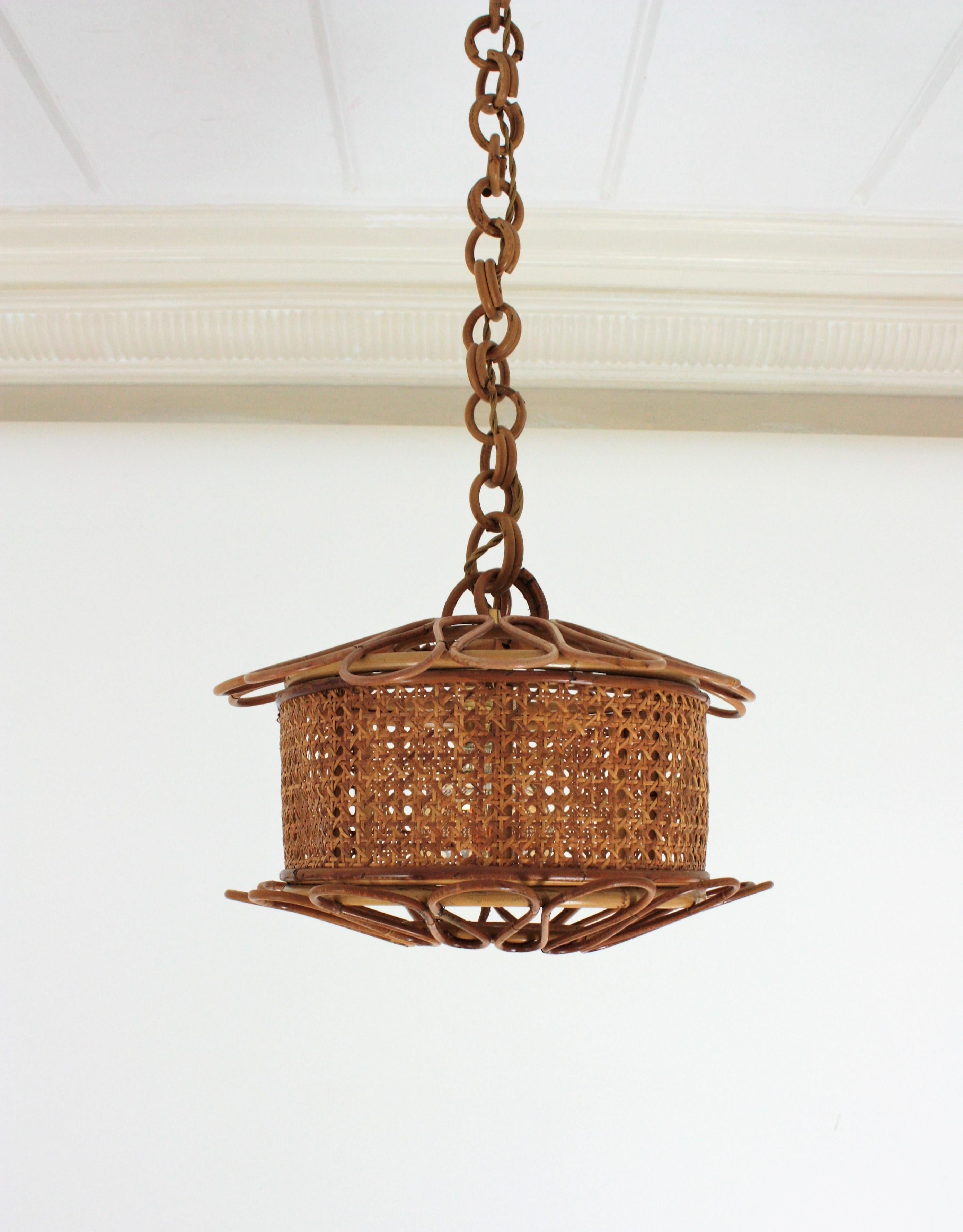 Italian Modernist Wicker Wire and Rattan Pendant Hanging Light, 1950s 9