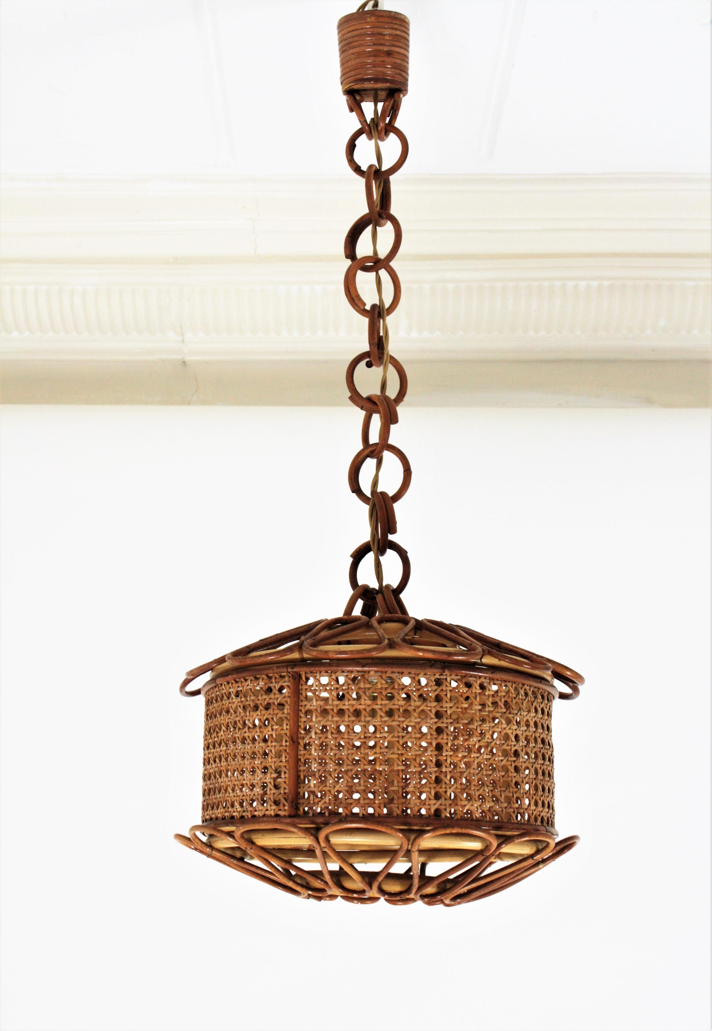 Mid-Century Modern Italian Modernist Wicker Wire and Rattan Pendant Hanging Light, 1950s